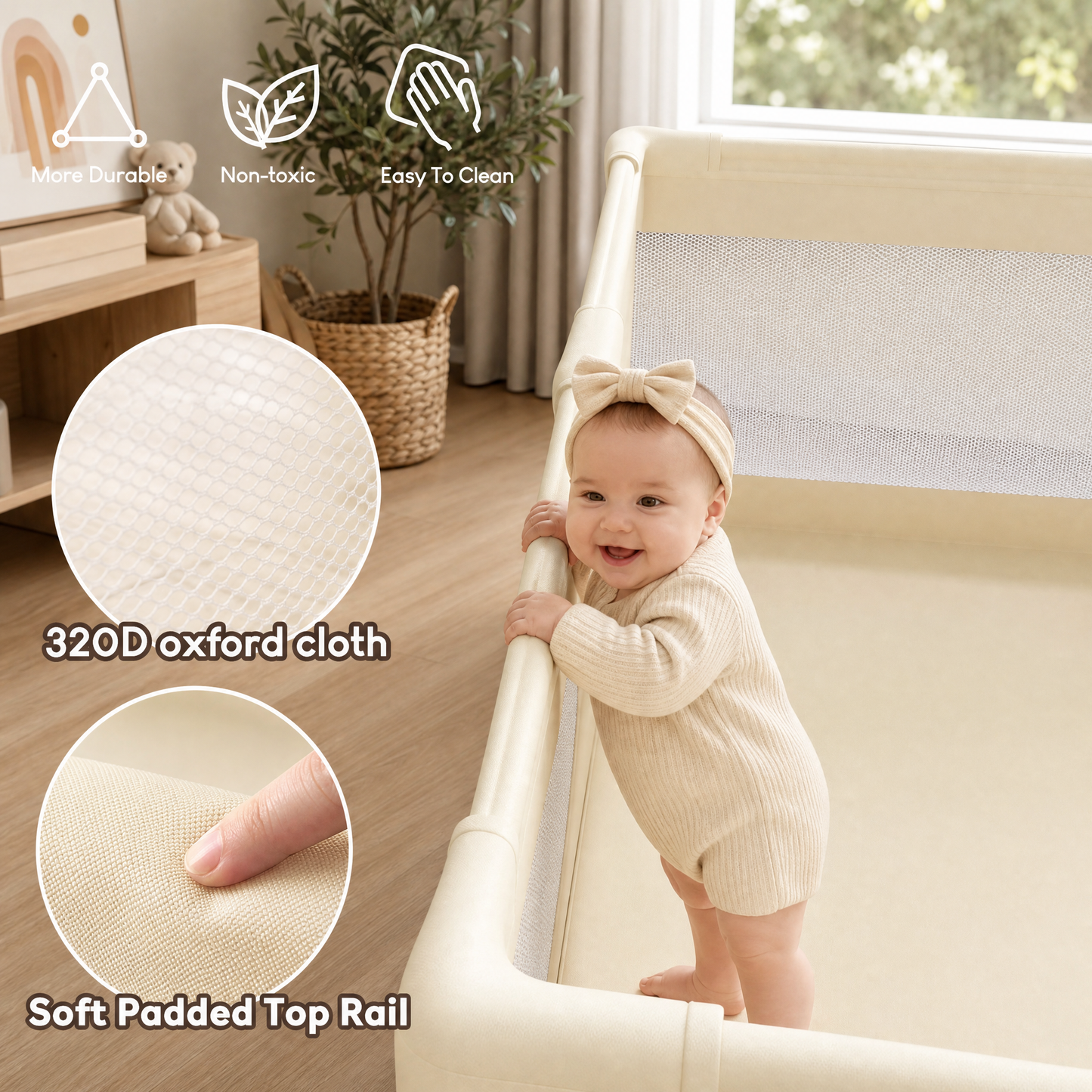 59x59 Inches Baby Playpen with Mat of Animal Pattern Extra Large Play Yard for Babies and Toddlers Indoor & Outdoor Baby Fence Beige