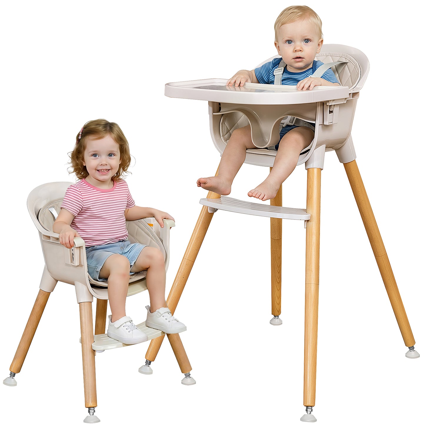 3-in-1 Wooden High Chair for Babies and Toddlers Easy Clean Baby Feeding Chair with Sponge Cushion Beige