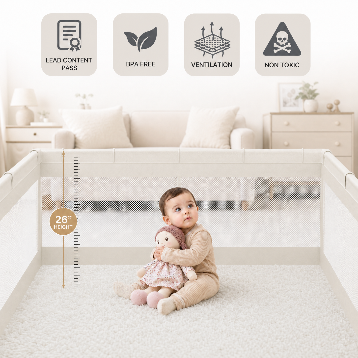 47x47inch Spacious Baby Playpen Playpen for Babies and Toddlers Play Yard for Apartment Indoor Extra Large Baby Activity Center Beige