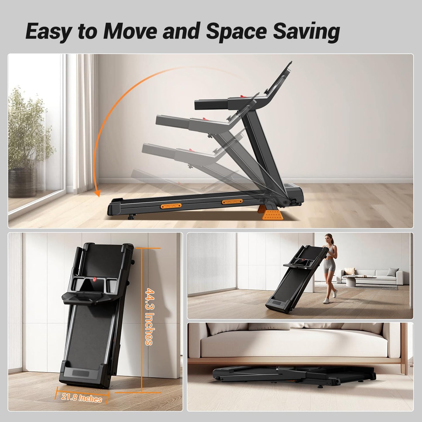 Portable 15% Incline Folding Treadmill for Home, 3.0HP Motor, 400LB Capacity, Walking Pad with Handrails & 3 LED Displays