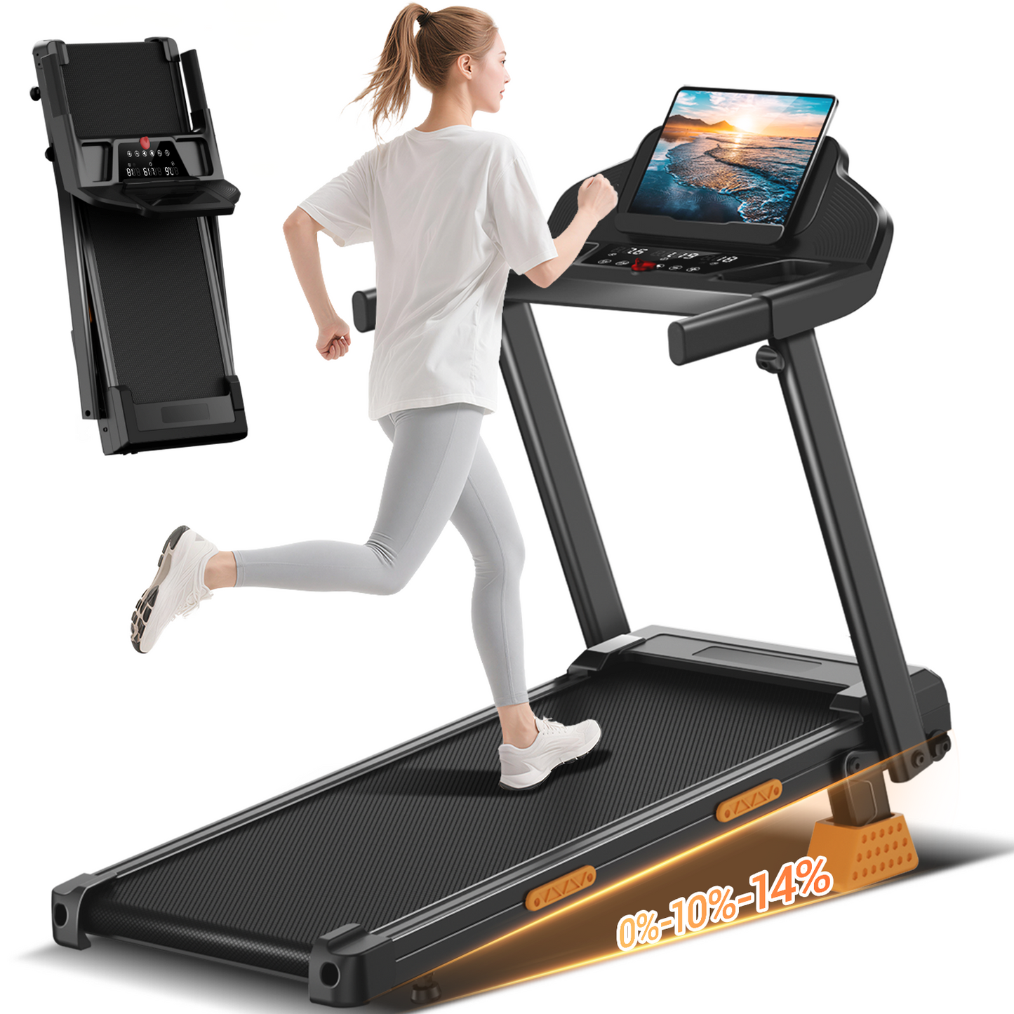 15% Incline Folding Treadmill for Home, 3.0HP Motor, 400LB Capacity, Portable Walking Pad with Handrails & 3 LED Displays