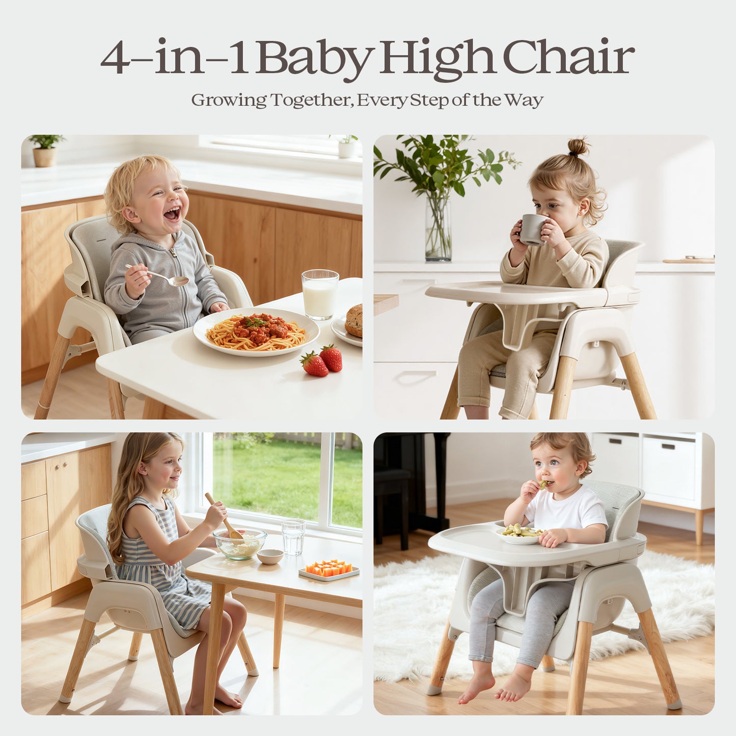 4-in-1 Baby Feeding Chairs with Detachable Dishwasher Tray for Babies and Toddlers Easy Clean High chair, Beige