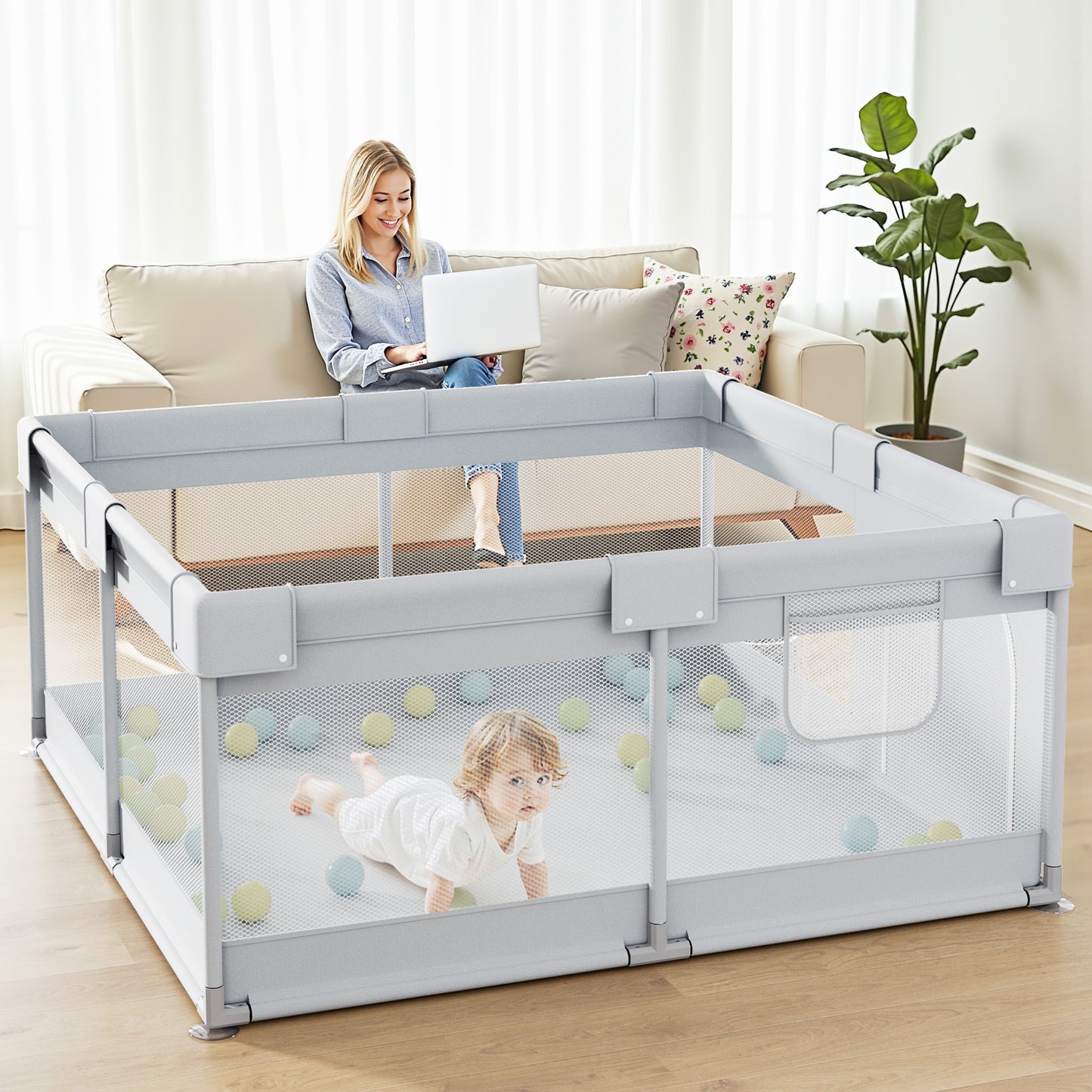 47x47inch Spacious Baby Playpen Playpen for Babies and Toddlers Play Yard for Apartment Indoor Extra Large Baby Activity Center Gray