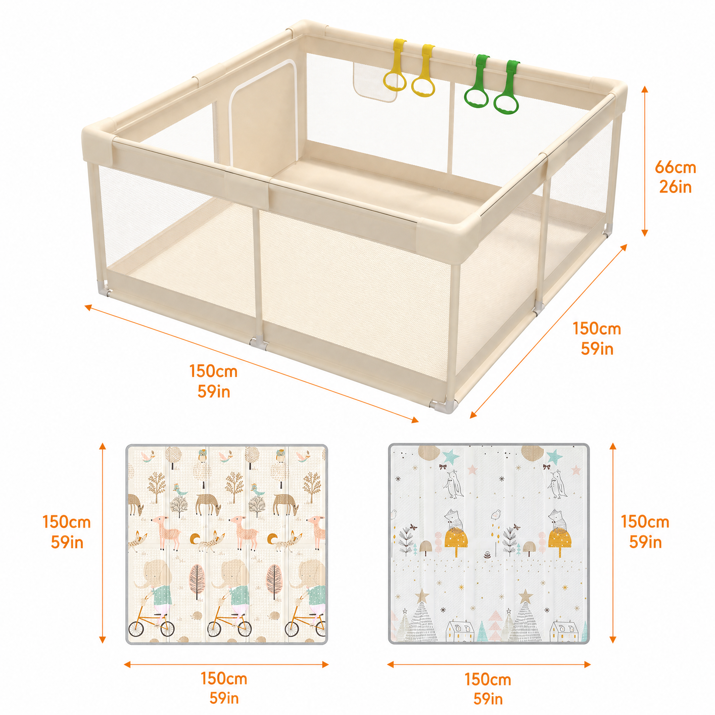 59x59 Inches Baby Playpen with Mat of Animal Pattern Extra Large Play Yard for Babies and Toddlers Indoor & Outdoor Baby Fence Beige