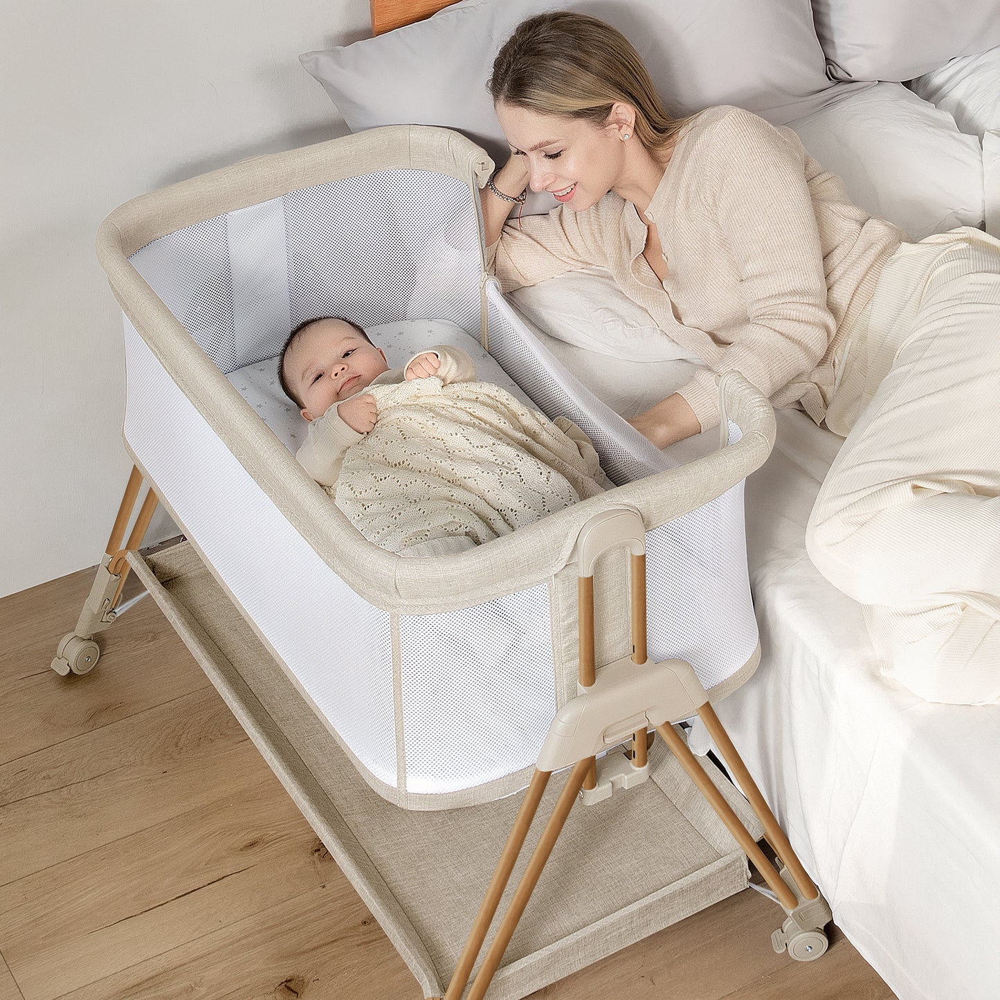 3-in-1 Baby Bassinets Bedside Sleeper Height Adjustable Baby Crib for infants with Wheels,Storage Tray, Full-Mesh Sides Beige