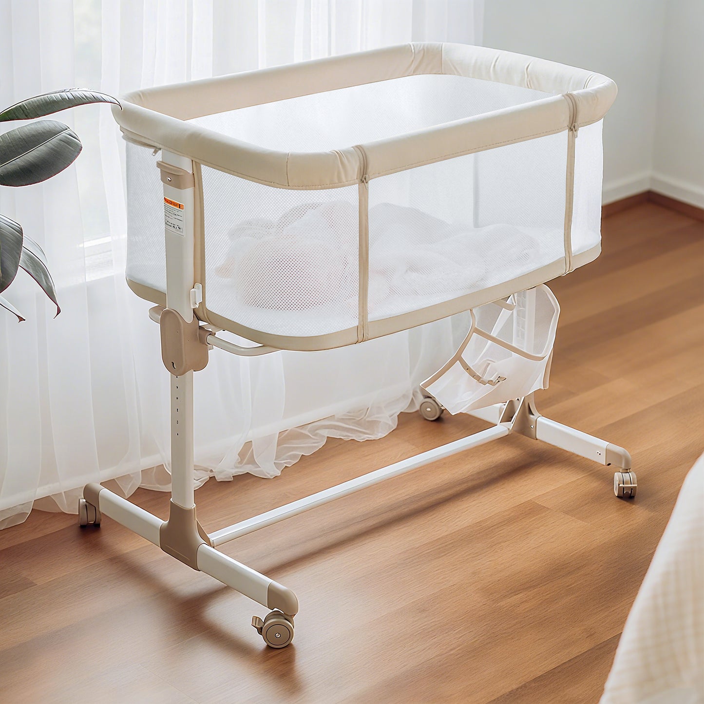 Baby Bassinets with wheels & high-density cotton fiber mattress Height Adjustable Baby Crib for Infants, Beige