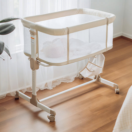 Baby Bassinets with wheels & high-density cotton fiber mattress Height Adjustable Baby Crib for Infants, Beige