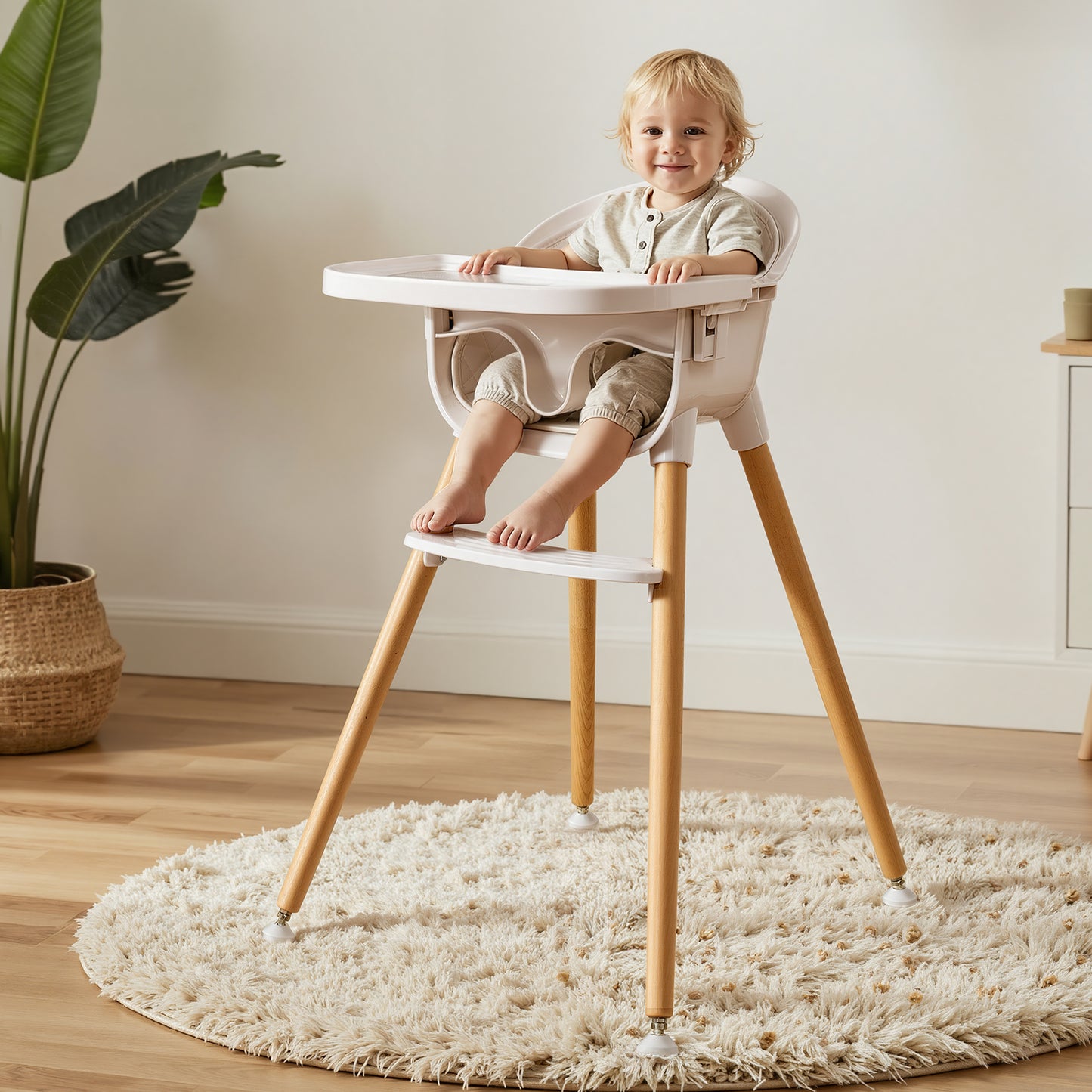 3-in-1 Wooden High Chair for Babies and Toddlers Easy Clean Baby Feeding Chair with Sponge Cushion Beige