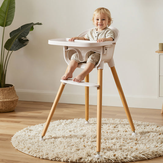 3-in-1 Wooden High Chair for Babies and Toddlers Easy Clean Baby Feeding Chair with Sponge Cushion Beige