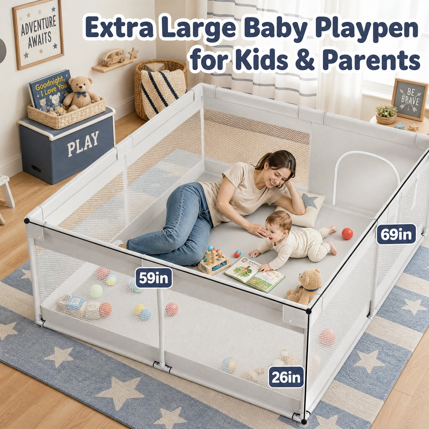 Extra Large Baby Playpen 59x59 Play Pen for Babies and Toddlers Kids Safe Play Yard Baby Fence with Door Gary