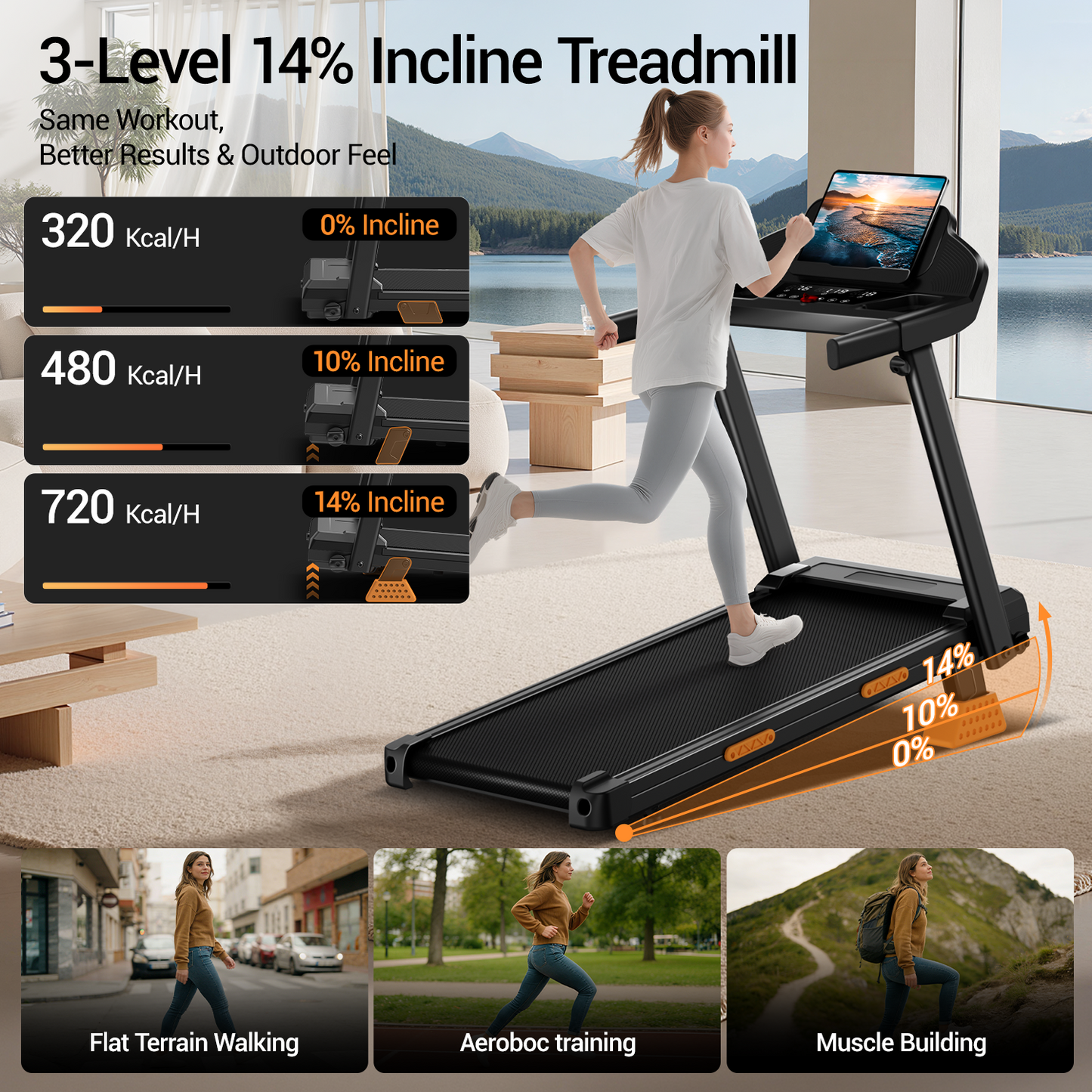 15% Incline Folding Treadmill for Home, 3.0HP Motor, 400LB Capacity, Portable Walking Pad with Handrails & 3 LED Displays