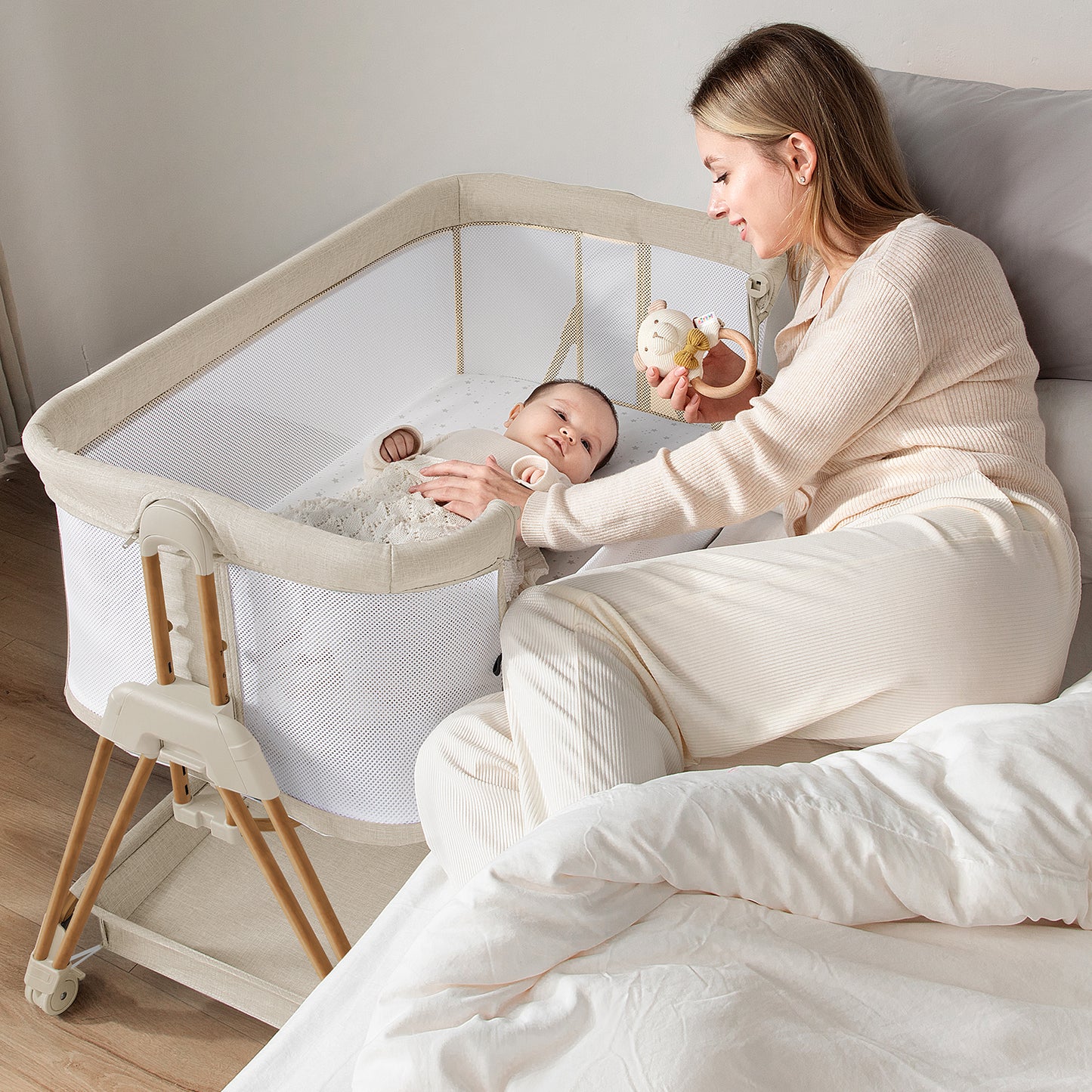 3-in-1 Baby Bassinets Bedside Sleeper Height Adjustable Baby Crib for infants with Wheels,Storage Tray, Full-Mesh Sides Beige