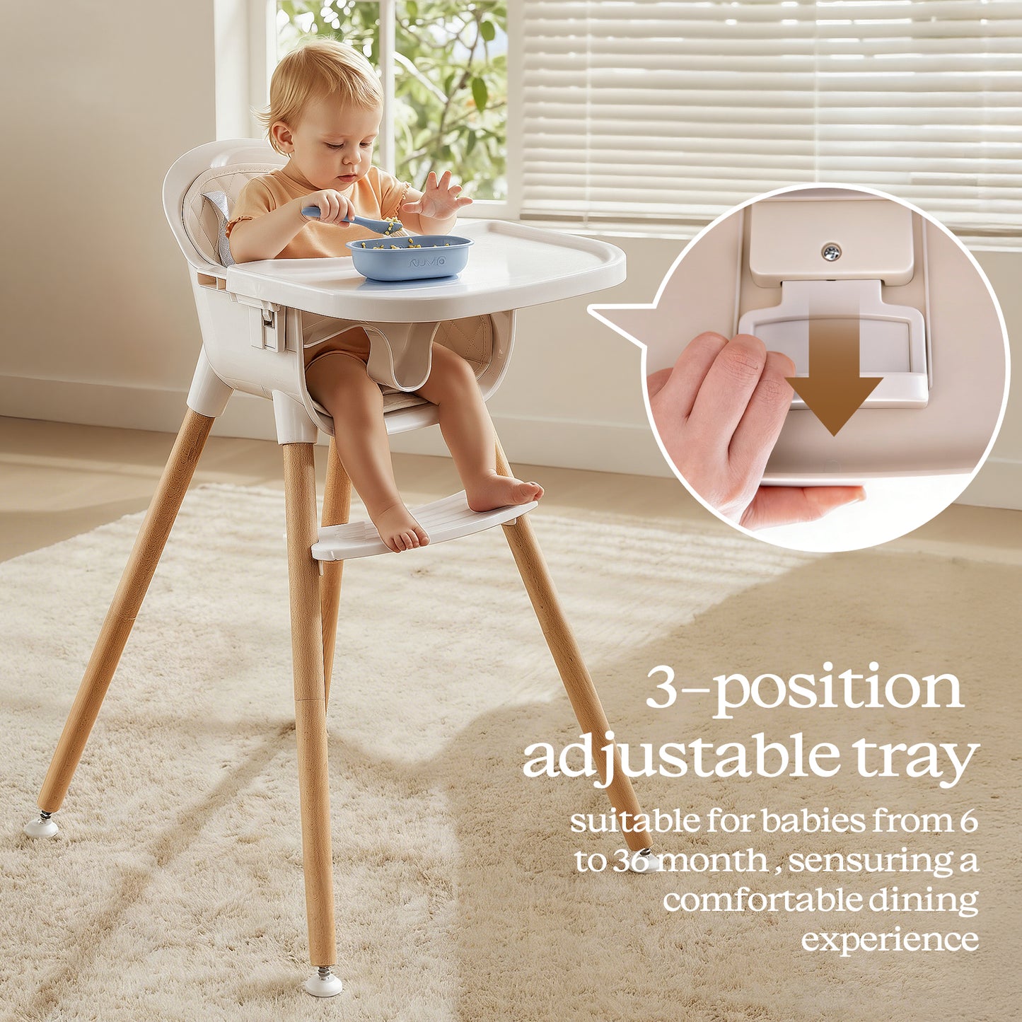 3-in-1 Wooden High Chair for Babies and Toddlers Easy Clean Baby Feeding Chair with Sponge Cushion Beige