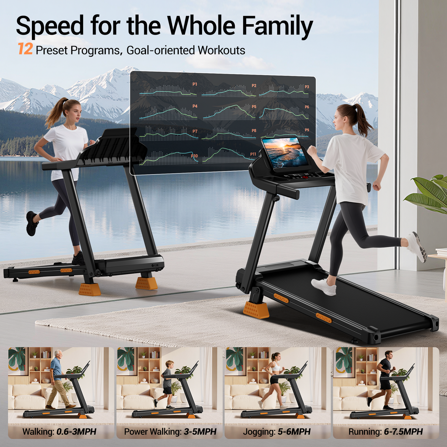 15% Incline Folding Treadmill for Home, 3.0HP Motor, 400LB Capacity, Portable Walking Pad with Handrails & 3 LED Displays