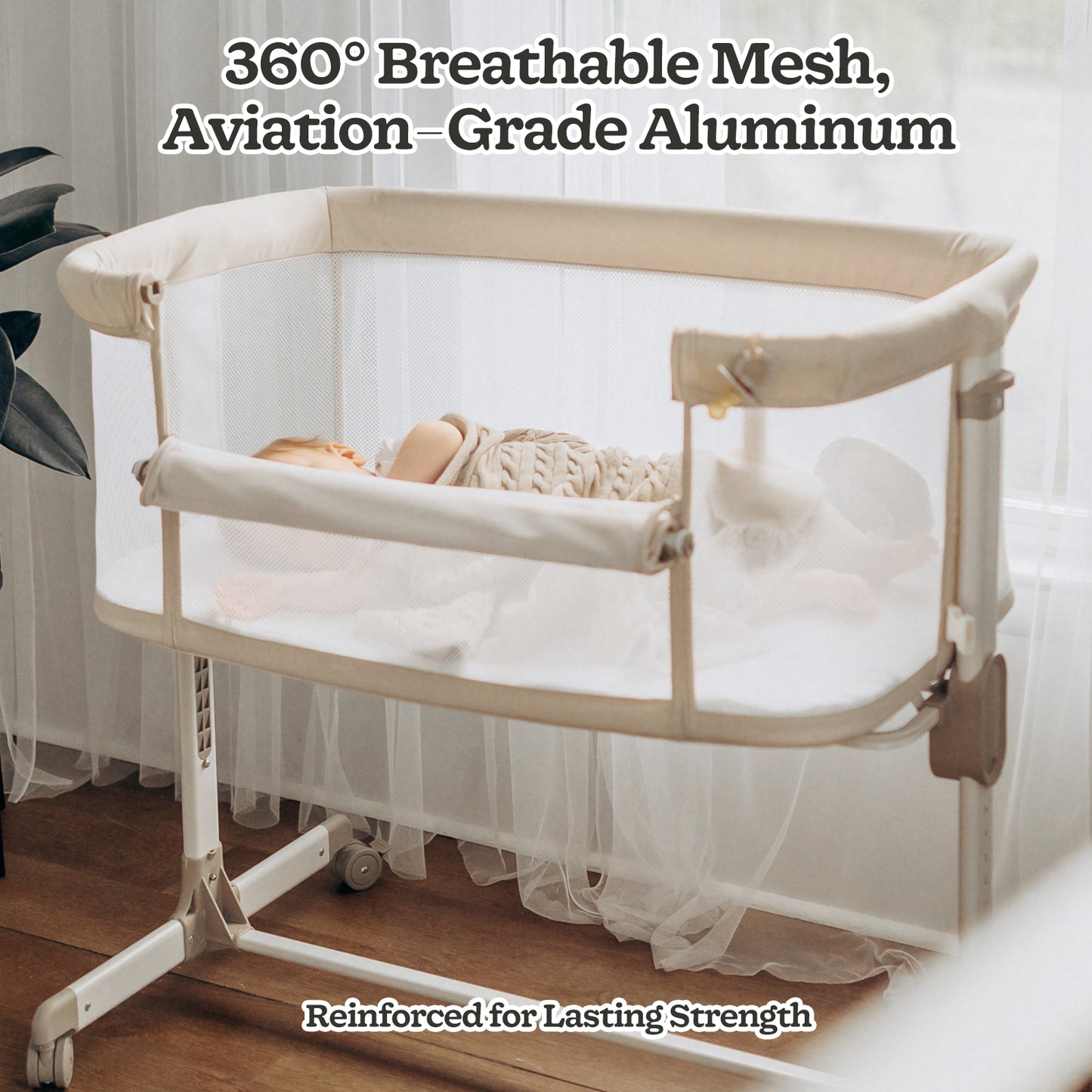 Baby Bassinets with wheels & high-density cotton fiber mattress Height Adjustable Baby Crib for Infants, Beige