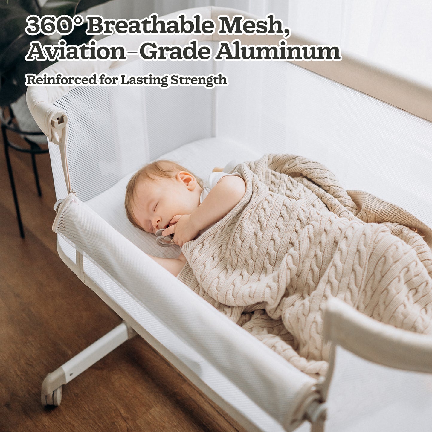 Baby Bassinets with wheels & high-density cotton fiber mattress Height Adjustable Baby Crib for Infants, Beige