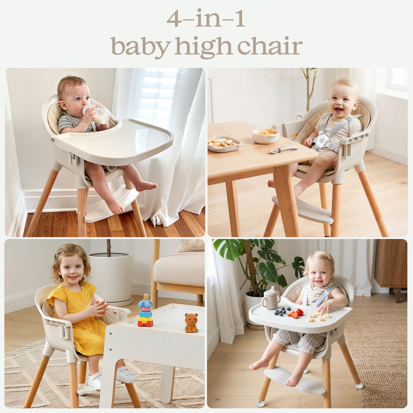 3-in-1 Wooden High Chair for Babies and Toddlers Easy Clean Baby Feeding Chair with Sponge Cushion Beige