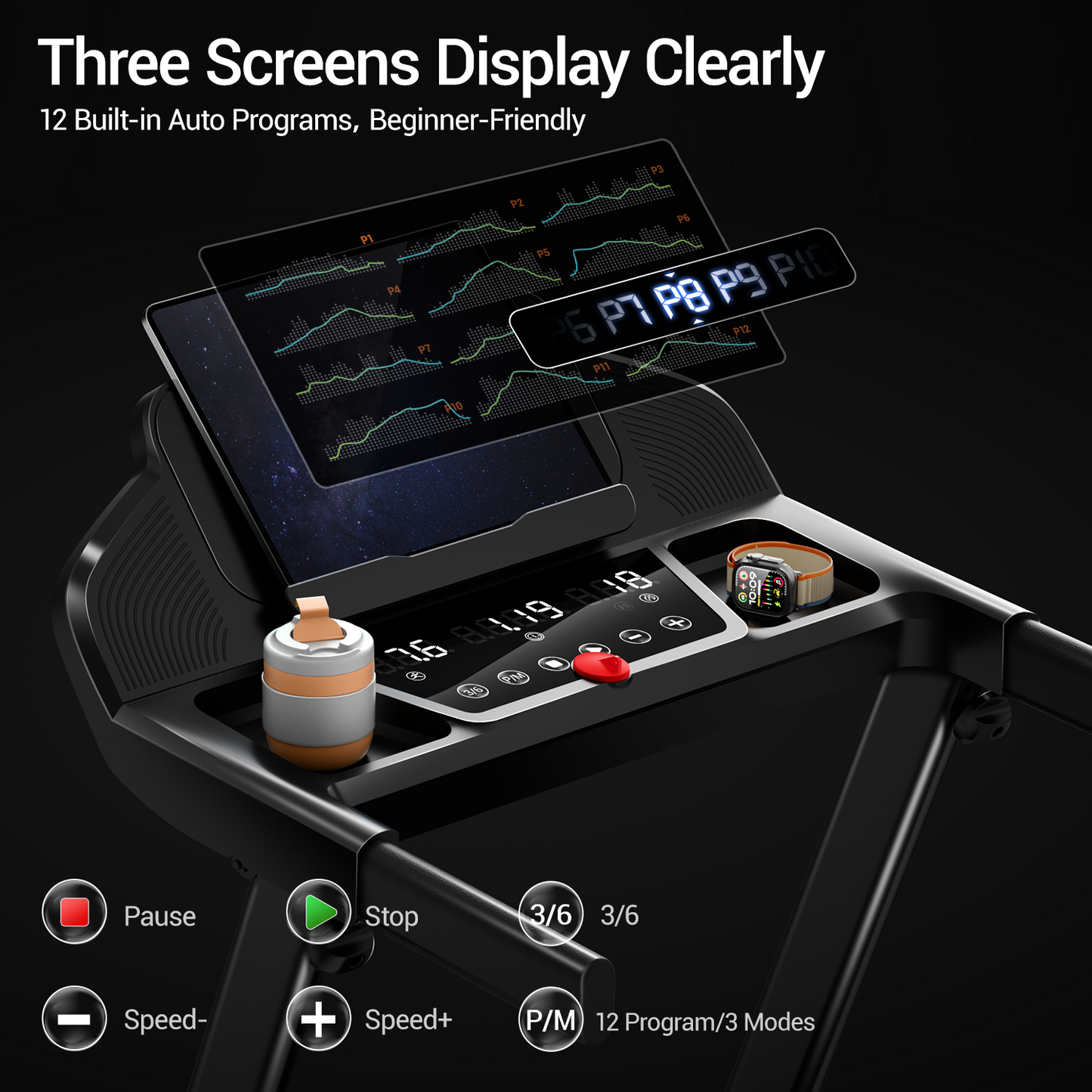 15% Incline Folding Treadmill for Home, 3.0HP Motor, 400LB Capacity, Portable Walking Pad with Handrails & 3 LED Displays