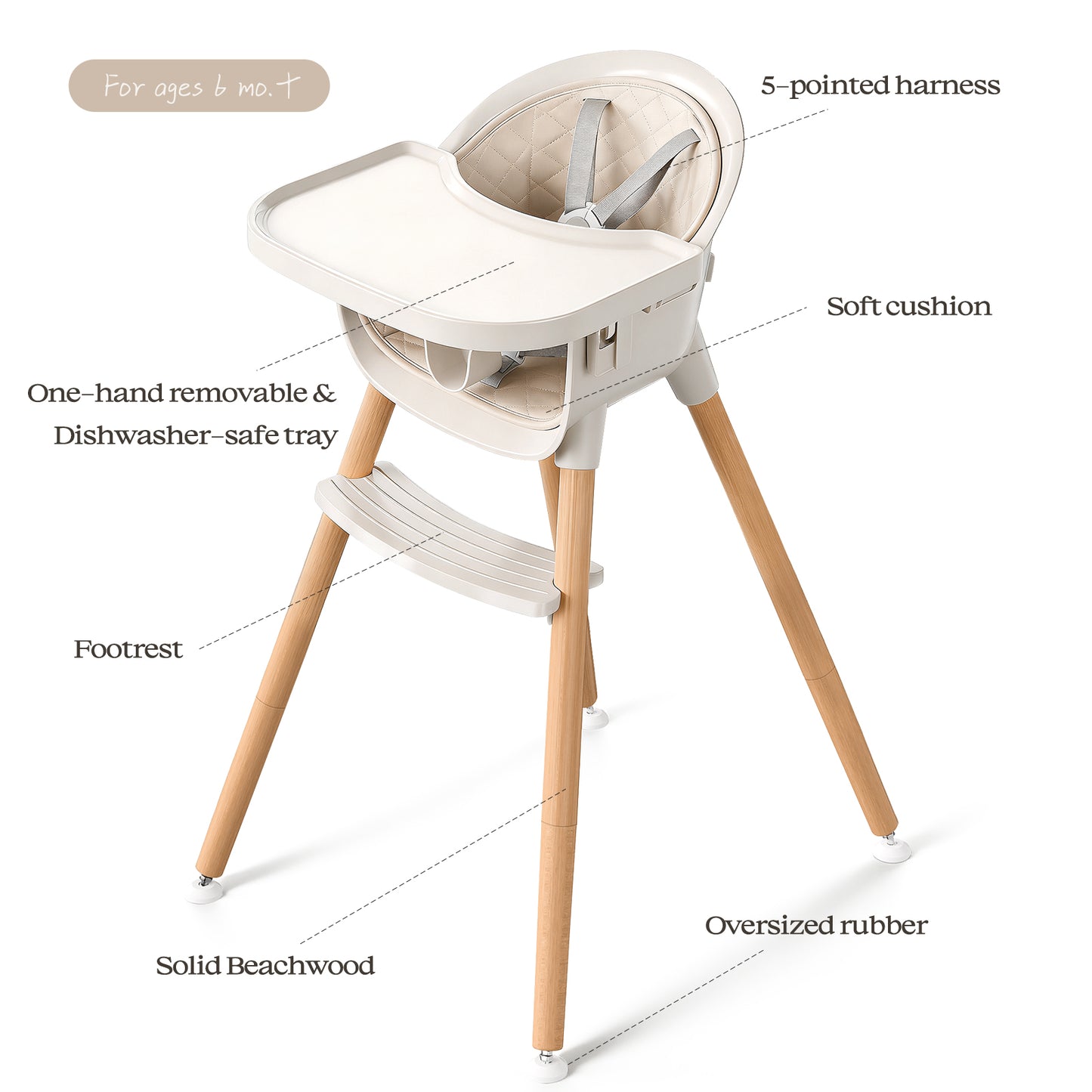3-in-1 Wooden High Chair for Babies and Toddlers Easy Clean Baby Feeding Chair with Sponge Cushion Beige
