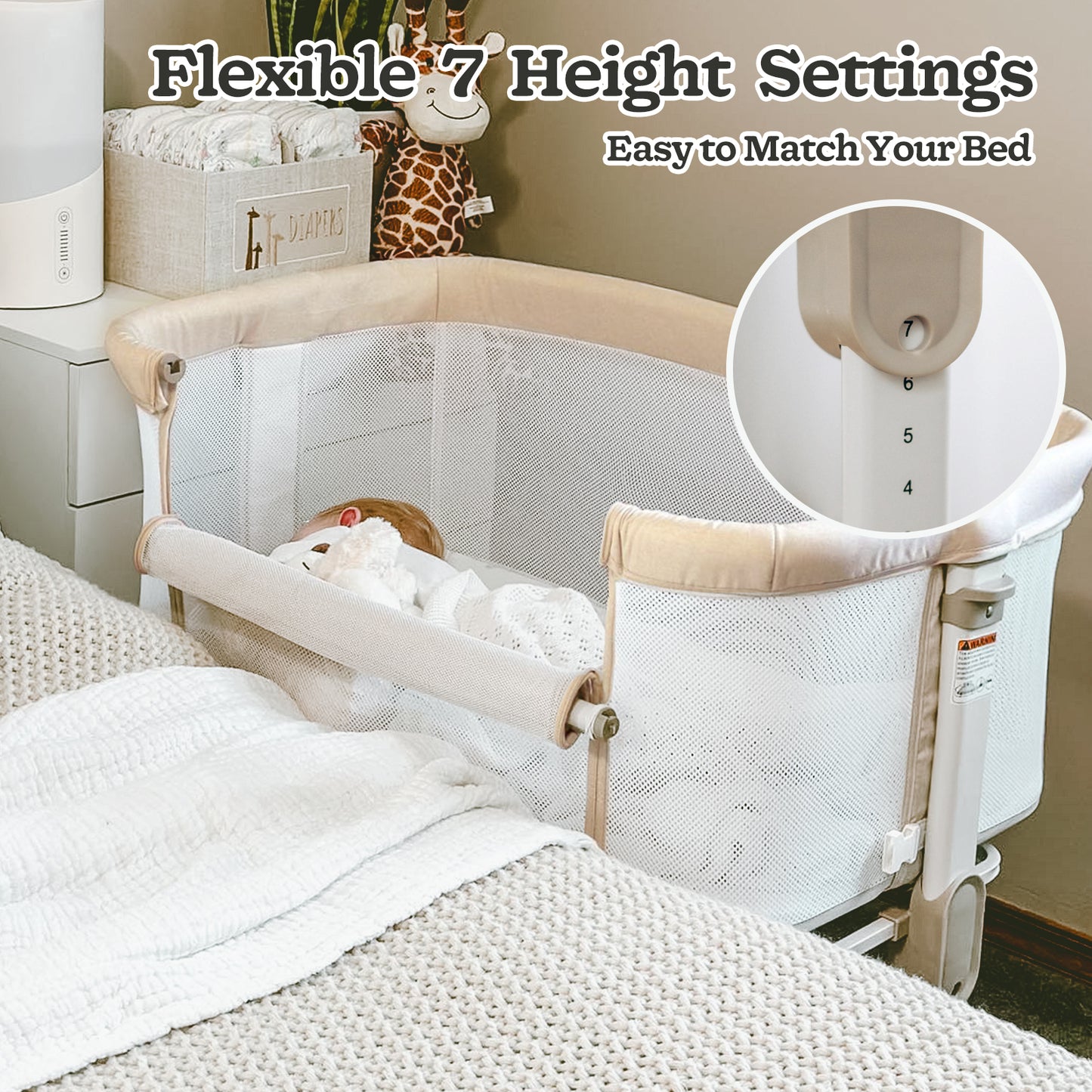 Baby Bassinets with wheels & high-density cotton fiber mattress Height Adjustable Baby Crib for Infants, Beige