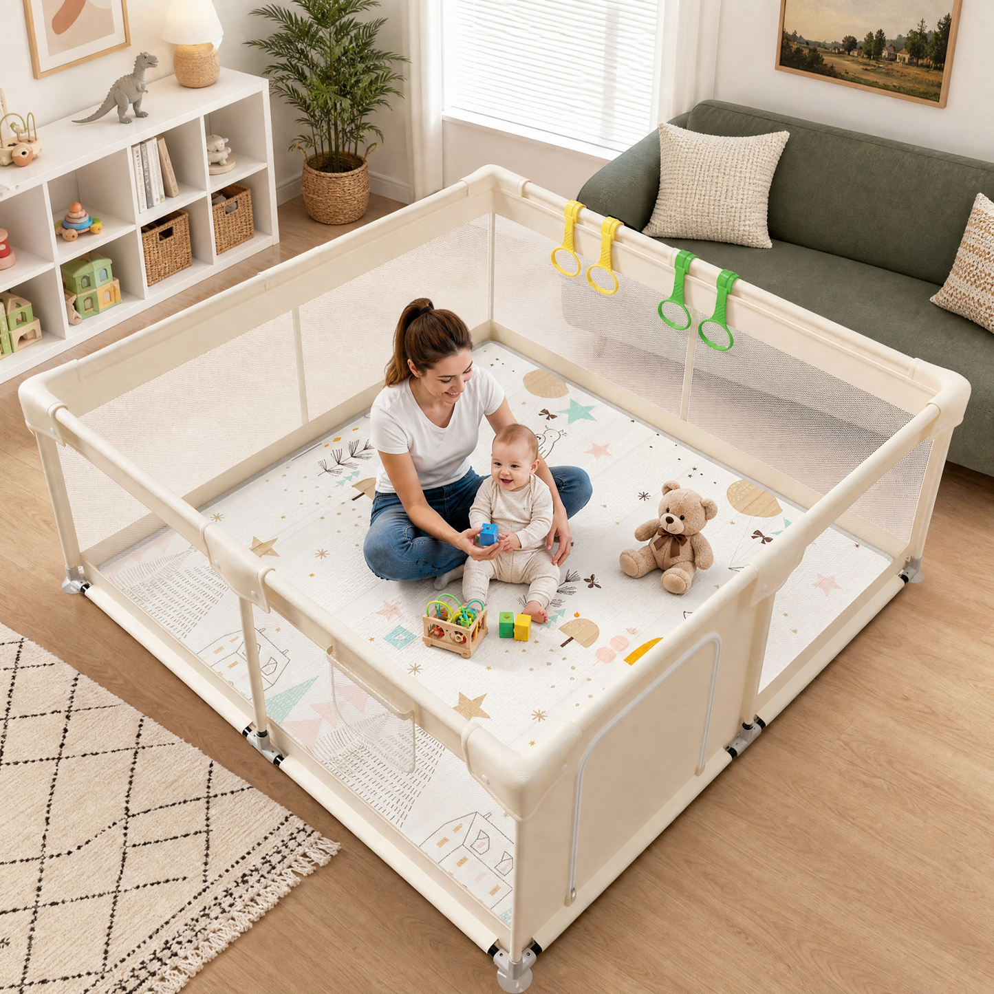 59x59 Inches Baby Playpen with Mat of Animal Pattern Extra Large Play Yard for Babies and Toddlers Indoor & Outdoor Baby Fence Beige