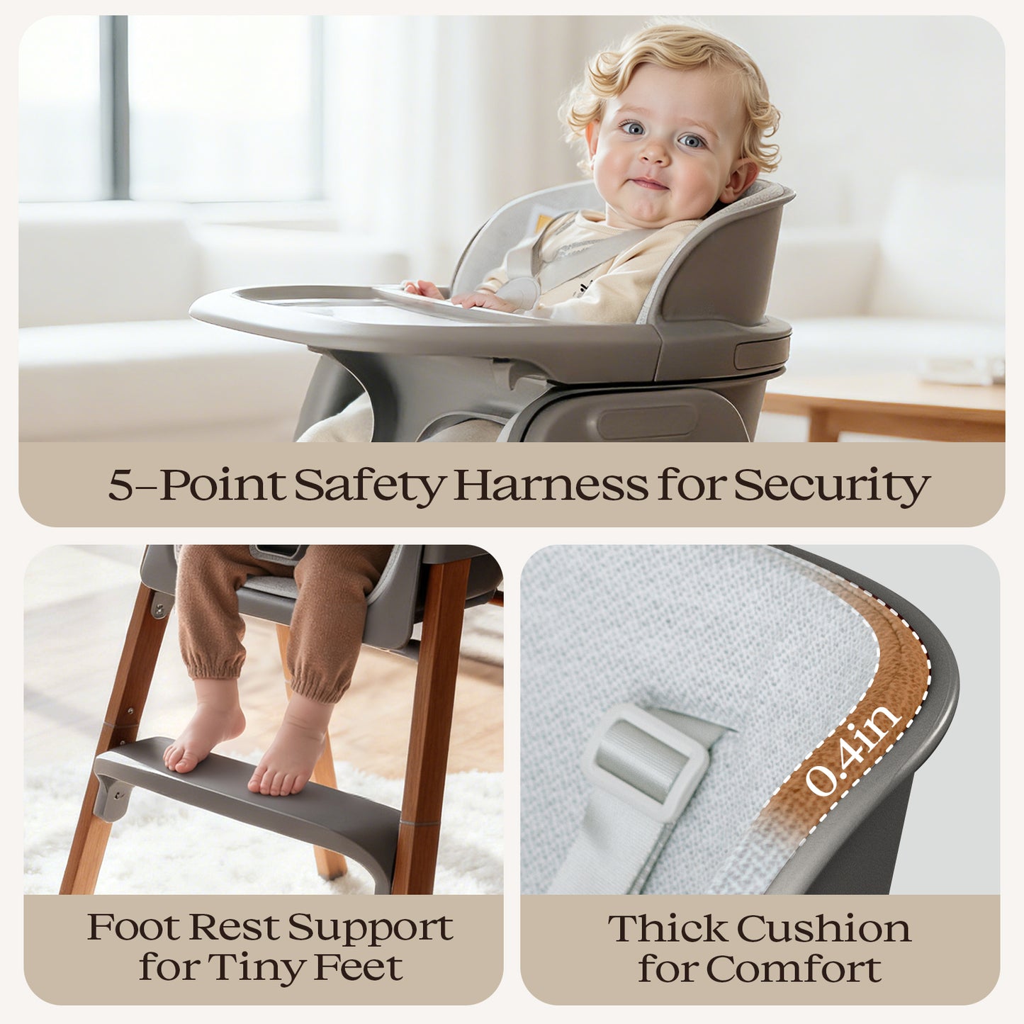 Family Baby Feeding Chair Foldable Convertible High Chair with Harness, Easy Clean Metal Frame, Removable Tray Gray