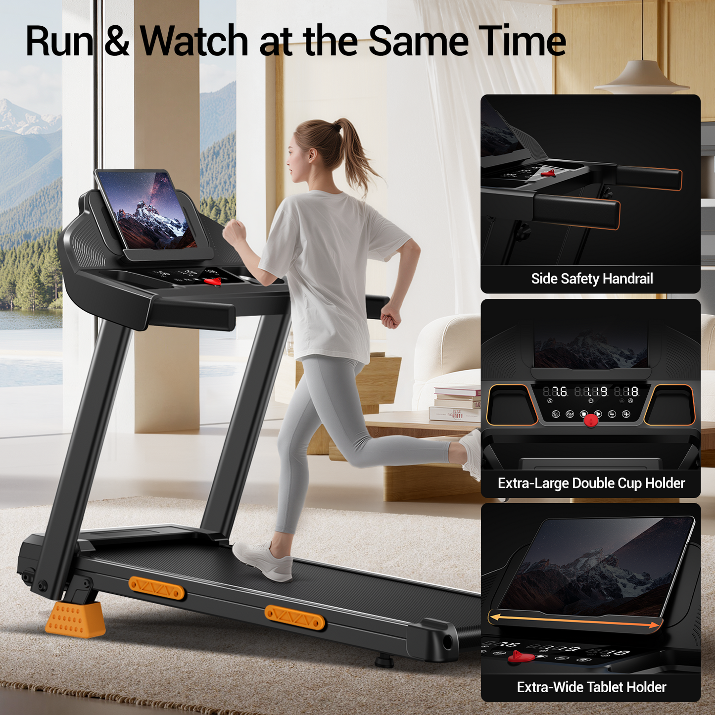 15% Incline Folding Treadmill for Home, 3.0HP Motor, 400LB Capacity, Portable Walking Pad with Handrails & 3 LED Displays