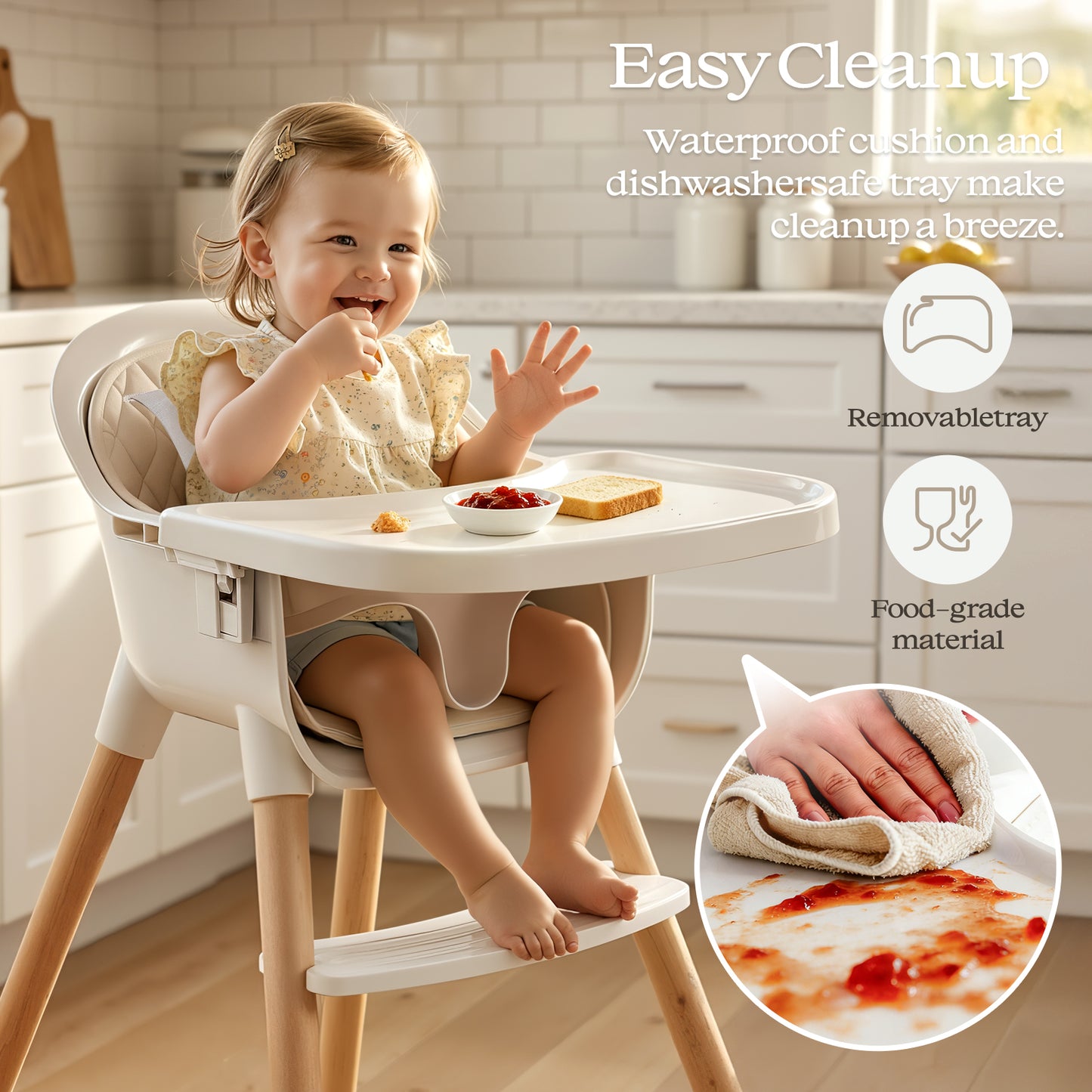 3-in-1 Wooden High Chair for Babies and Toddlers Easy Clean Baby Feeding Chair with Sponge Cushion Beige