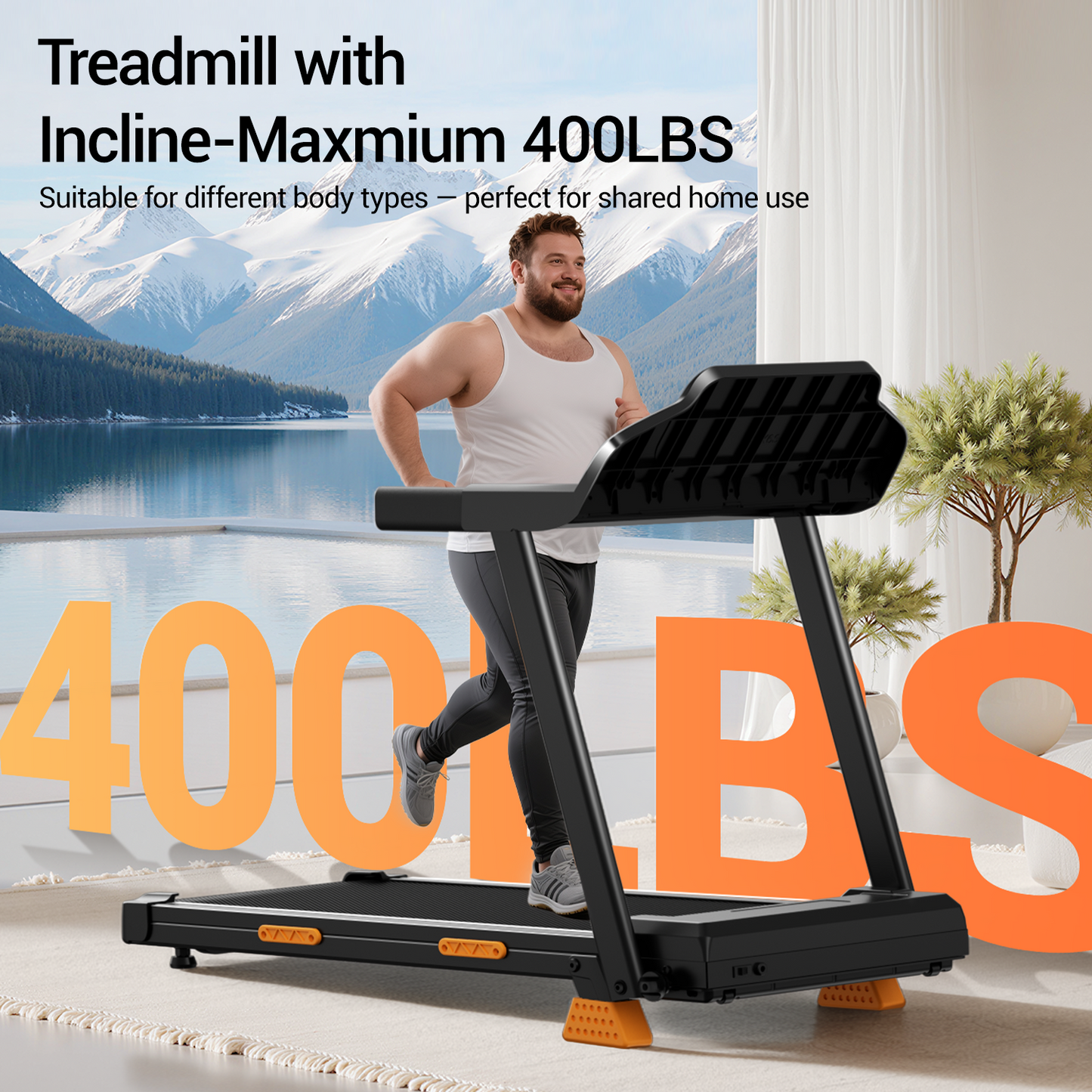 15% Incline Folding Treadmill for Home, 3.0HP Motor, 400LB Capacity, Portable Walking Pad with Handrails & 3 LED Displays