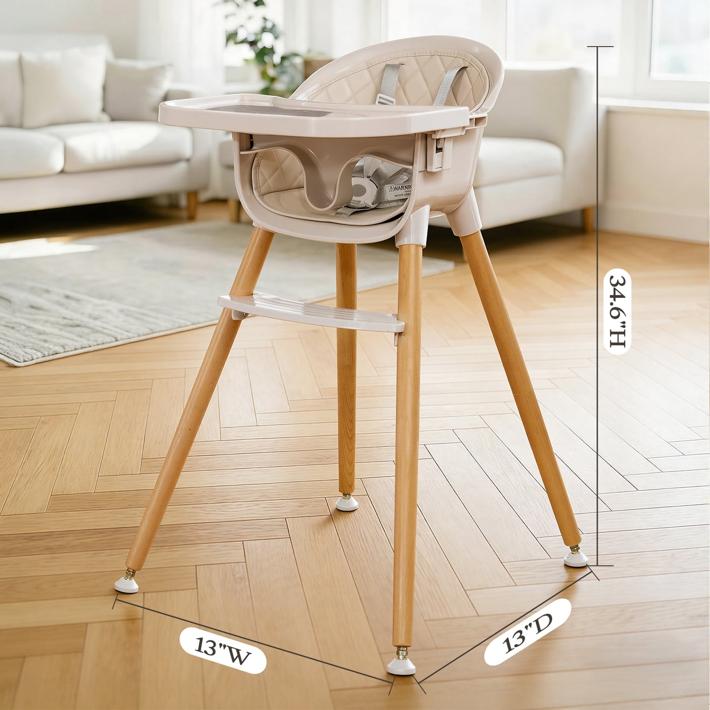 3-in-1 Wooden High Chair for Babies and Toddlers Easy Clean Baby Feeding Chair with Sponge Cushion Beige