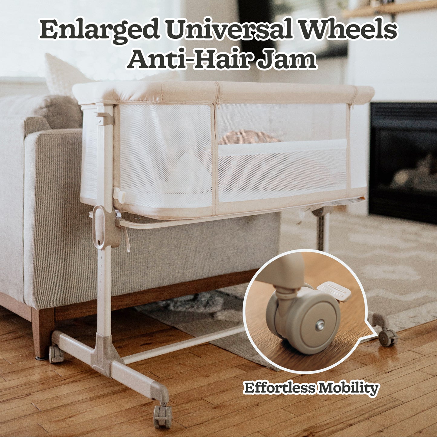 Baby Bassinets with wheels & high-density cotton fiber mattress Height Adjustable Baby Crib for Infants, Beige