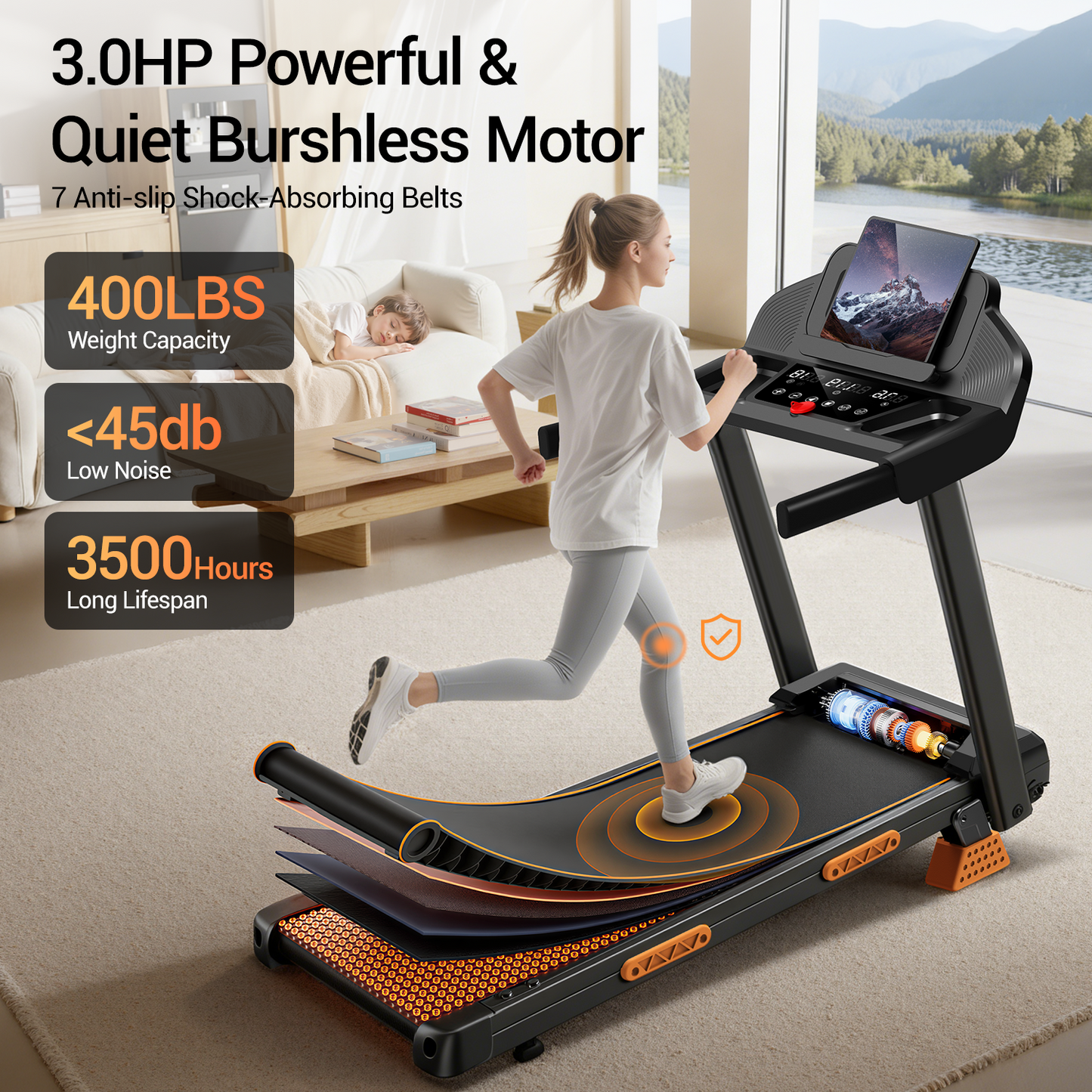 15% Incline Folding Treadmill for Home, 3.0HP Motor, 400LB Capacity, Portable Walking Pad with Handrails & 3 LED Displays