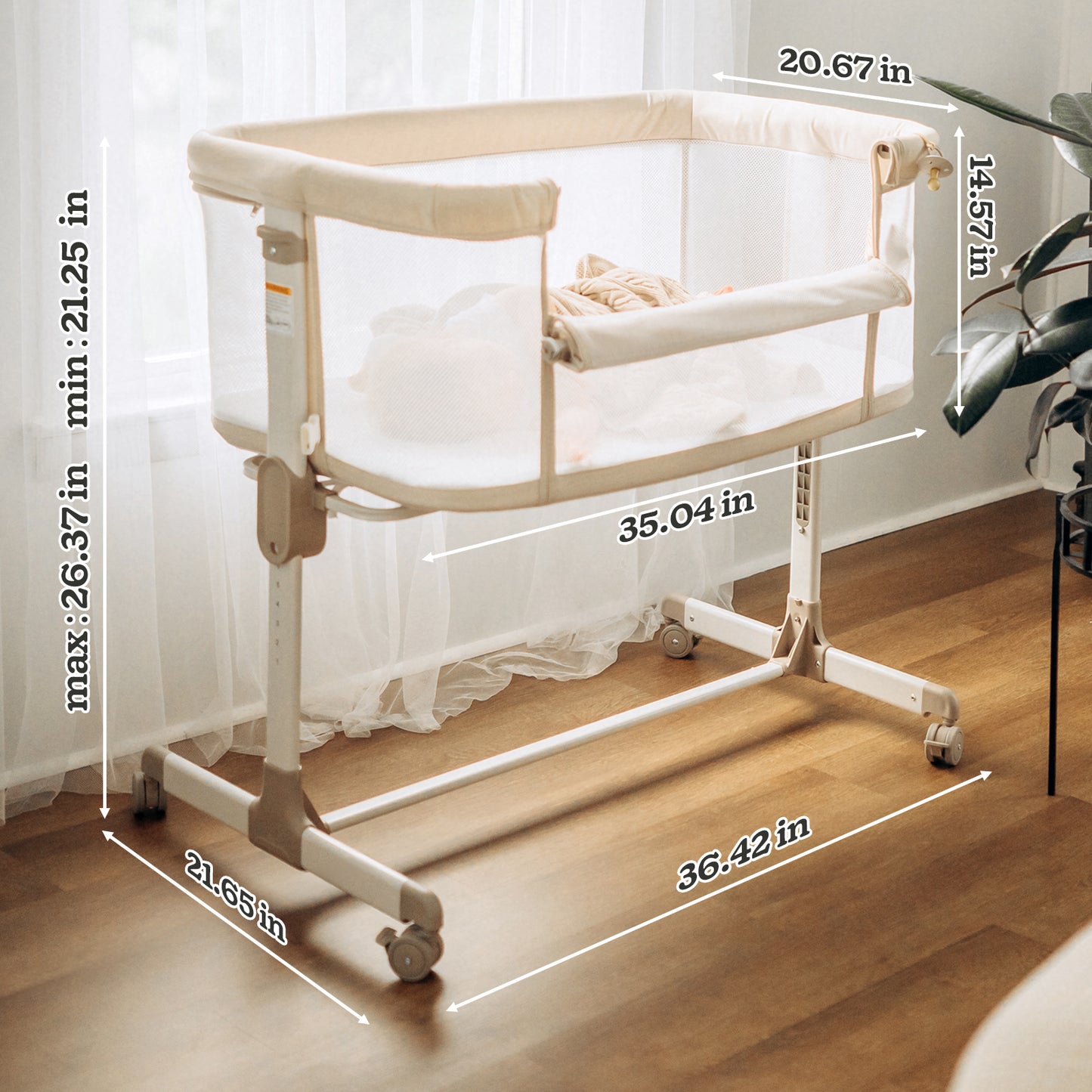 Baby Bassinets with wheels & high-density cotton fiber mattress Height Adjustable Baby Crib for Infants, Beige