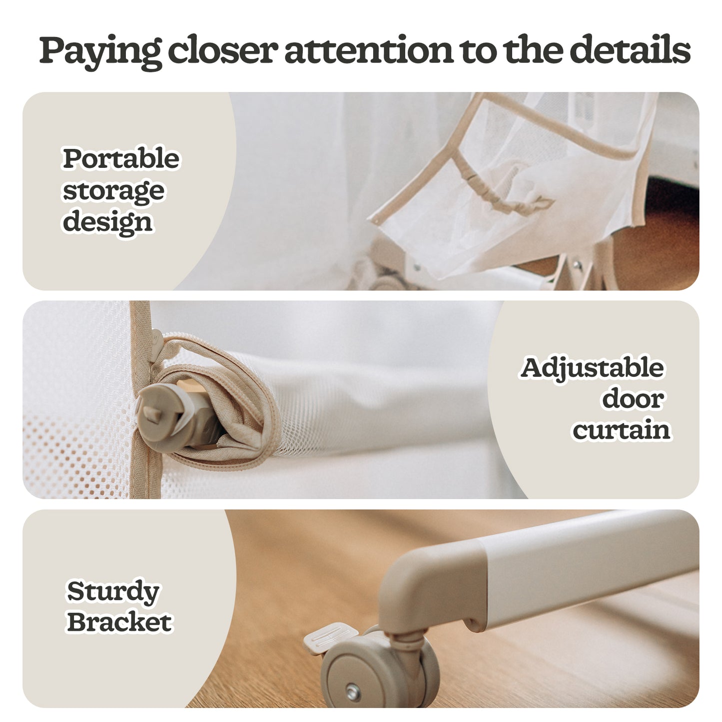 Baby Bassinets with wheels & high-density cotton fiber mattress Height Adjustable Baby Crib for Infants, Beige