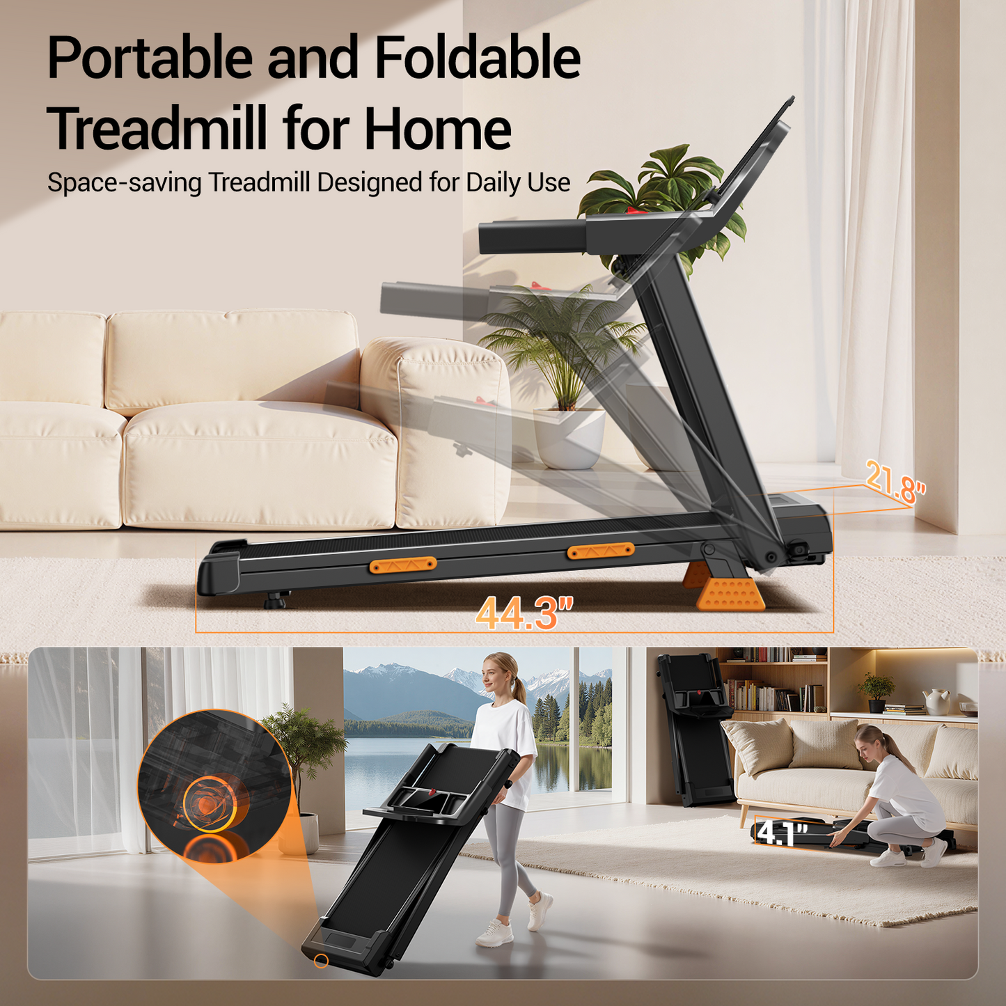 15% Incline Folding Treadmill for Home, 3.0HP Motor, 400LB Capacity, Portable Walking Pad with Handrails & 3 LED Displays