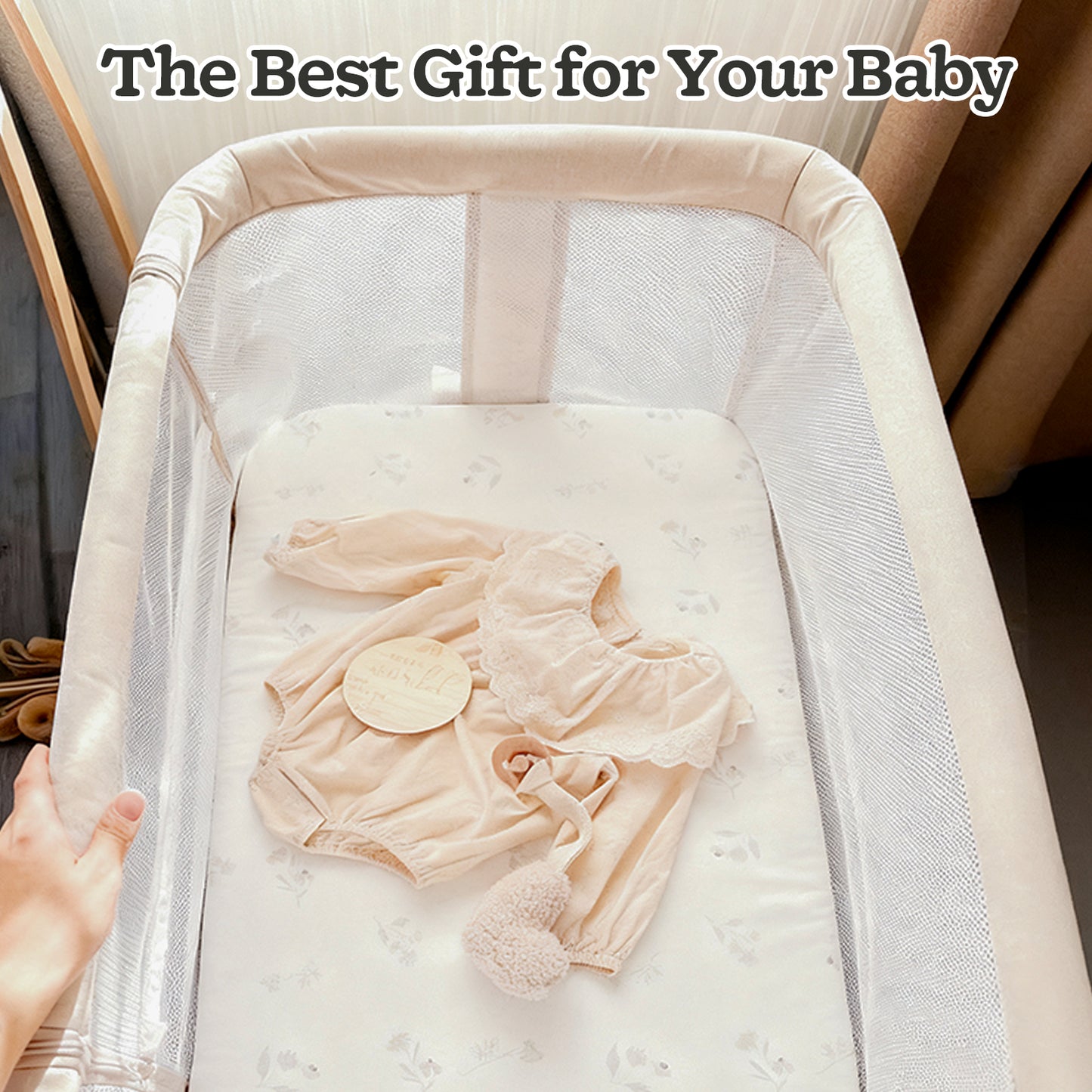 Baby Bassinets with wheels & high-density cotton fiber mattress Height Adjustable Baby Crib for Infants, Beige