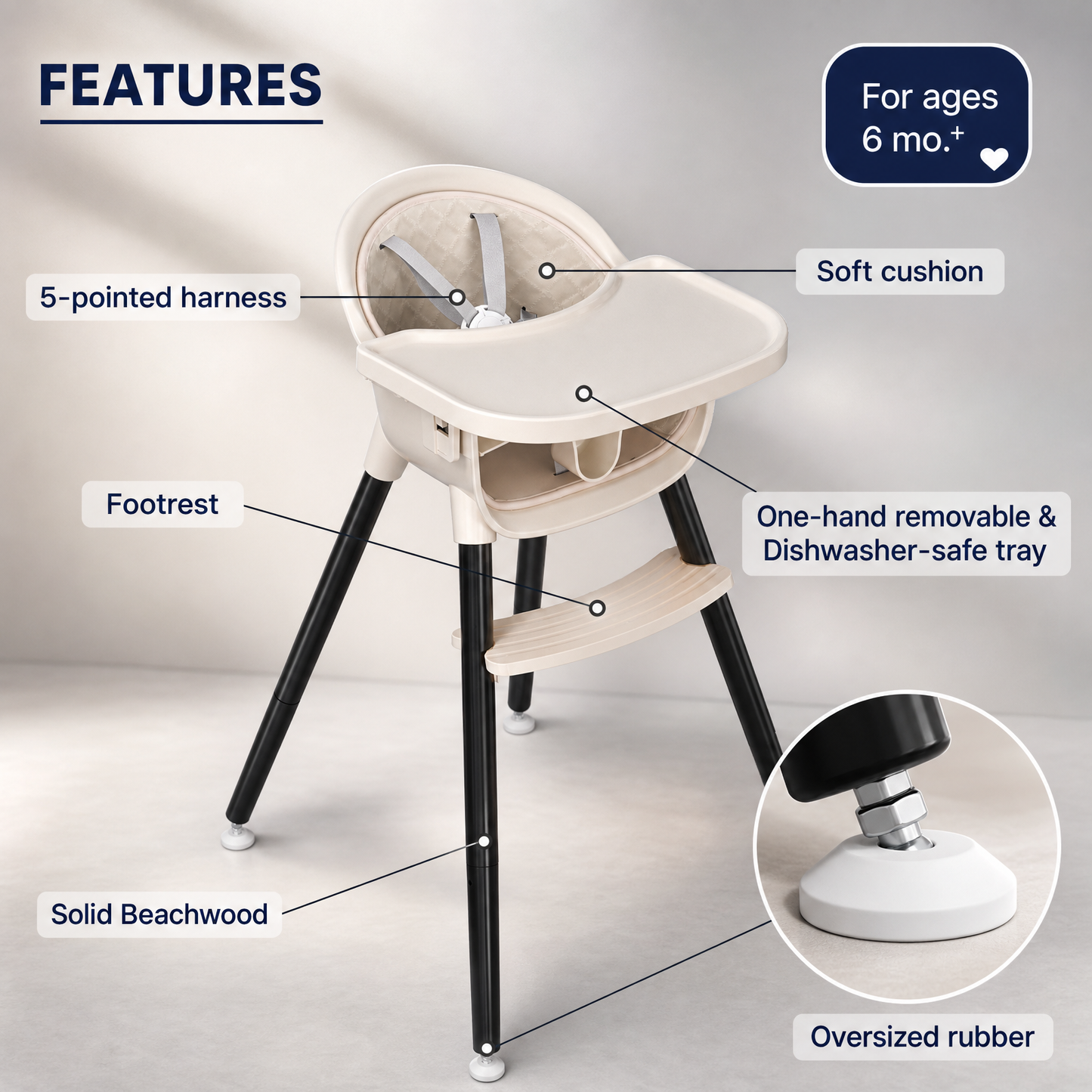 3-in-1 Wooden High Chair for Babies and Toddlers Easy Clean Baby Feeding Chair with Sponge Cushion Black