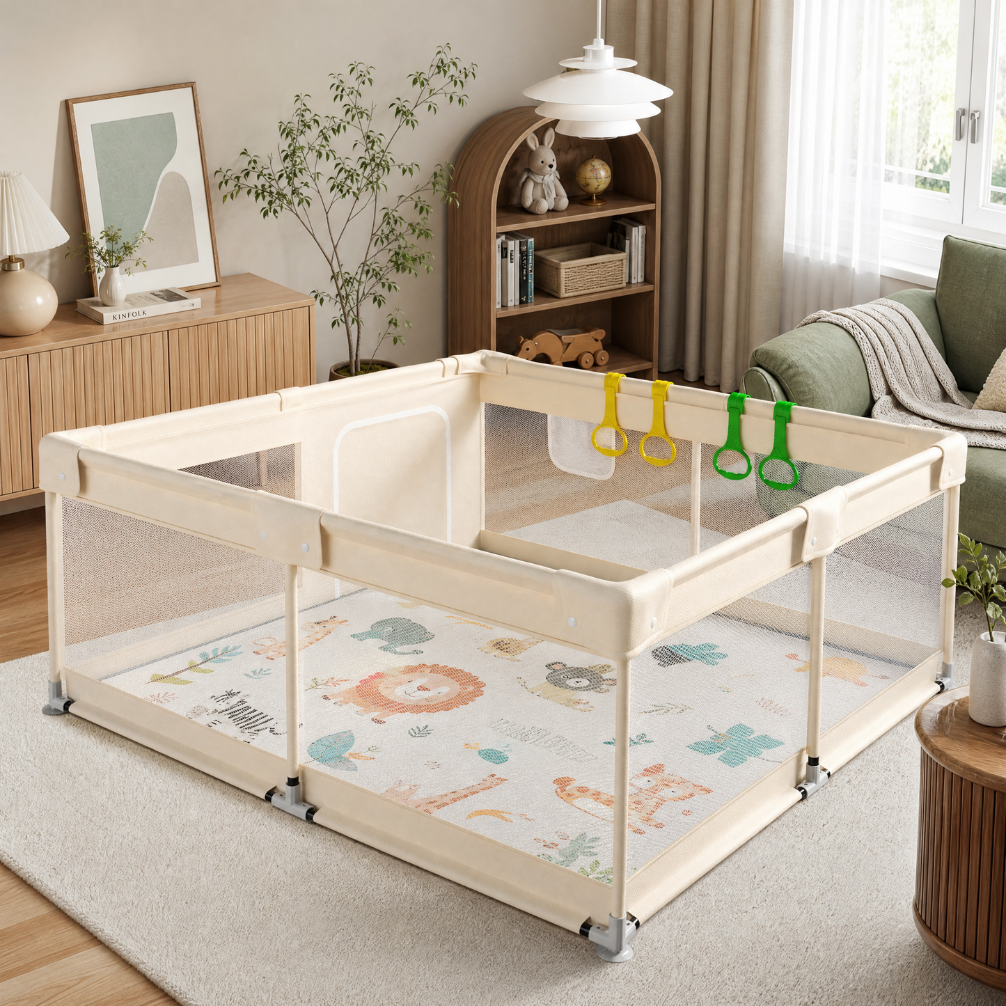 59x59 Inches Baby Playpen with Mat of Animal Pattern Extra Large Play Yard for Babies and Toddlers Indoor & Outdoor Baby Fence Beige