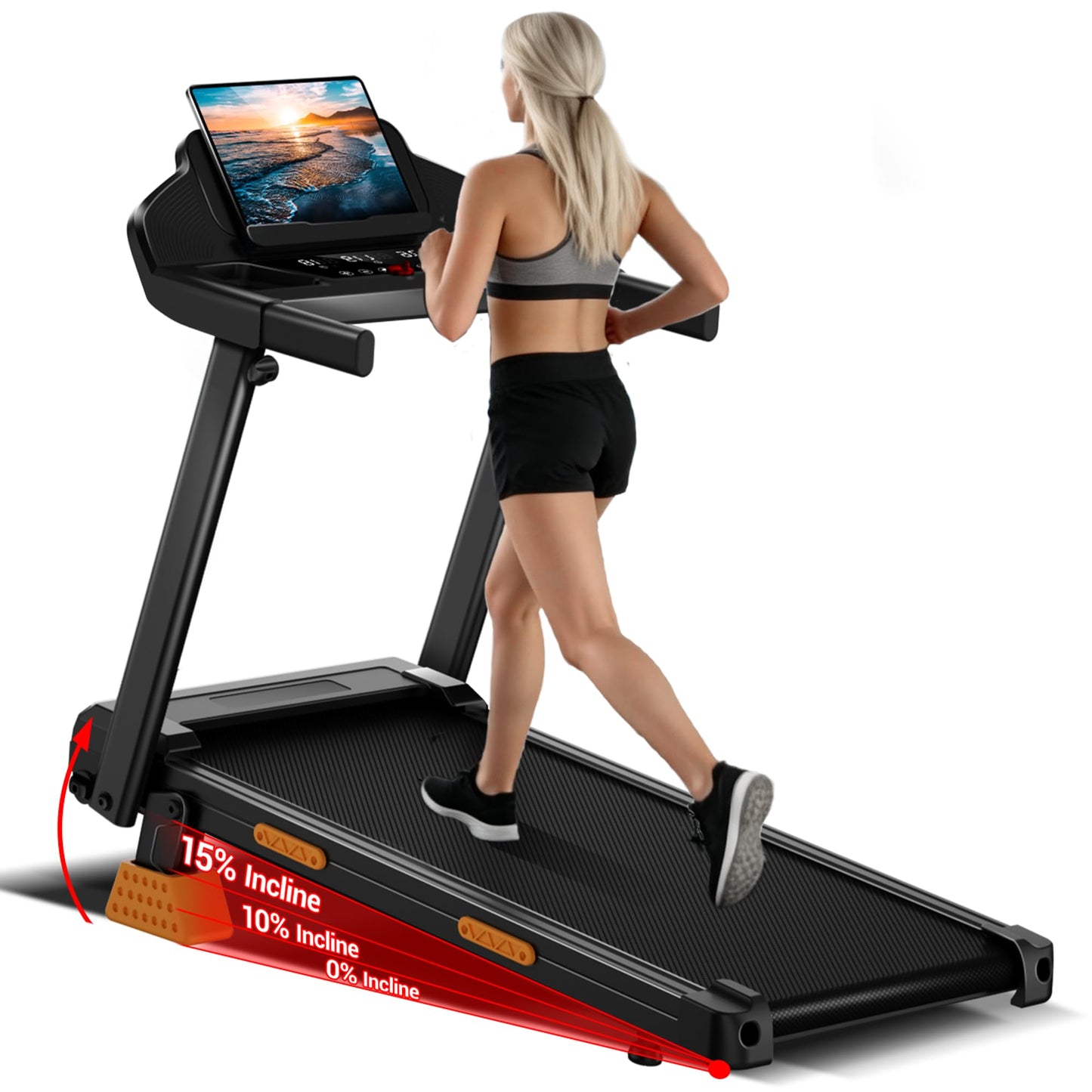 Portable 15% Incline Folding Treadmill for Home, 3.0HP Motor, 400LB Capacity, Walking Pad with Handrails & 3 LED Displays
