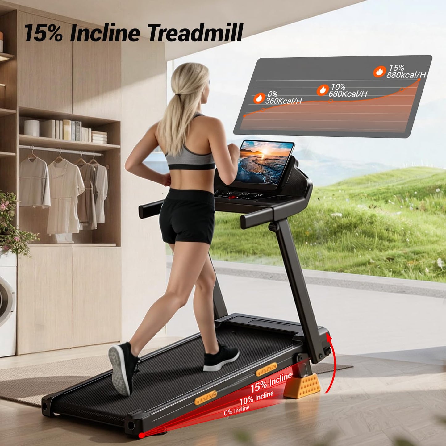 Portable 15% Incline Folding Treadmill for Home, 3.0HP Motor, 400LB Capacity, Walking Pad with Handrails & 3 LED Displays