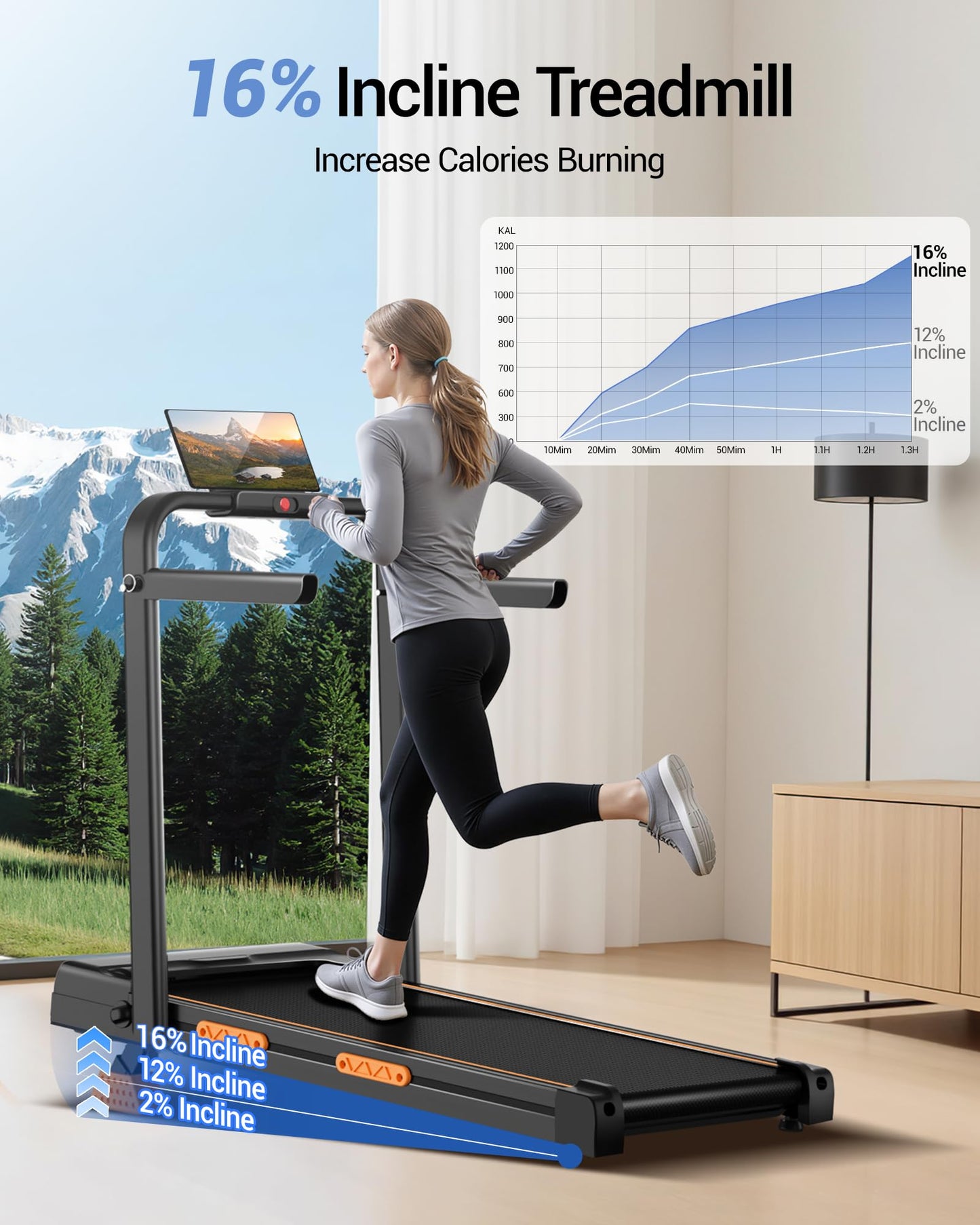 16% Incline Walking Pad Treadmill, 4-in-1 Foldable Under Desk Treadmill with Handles, 2.5 HP Quiet Motor, 330 LB Capacity