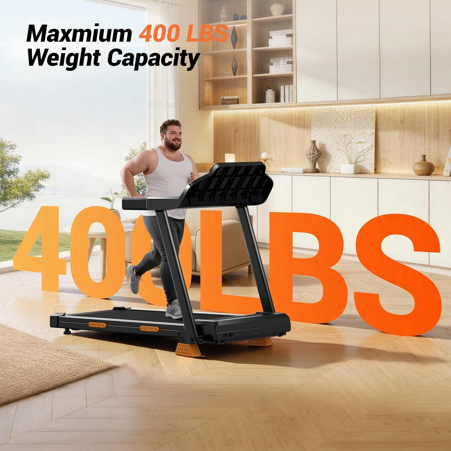 Portable 15% Incline Folding Treadmill for Home, 3.0HP Motor, 400LB Capacity, Walking Pad with Handrails & 3 LED Displays