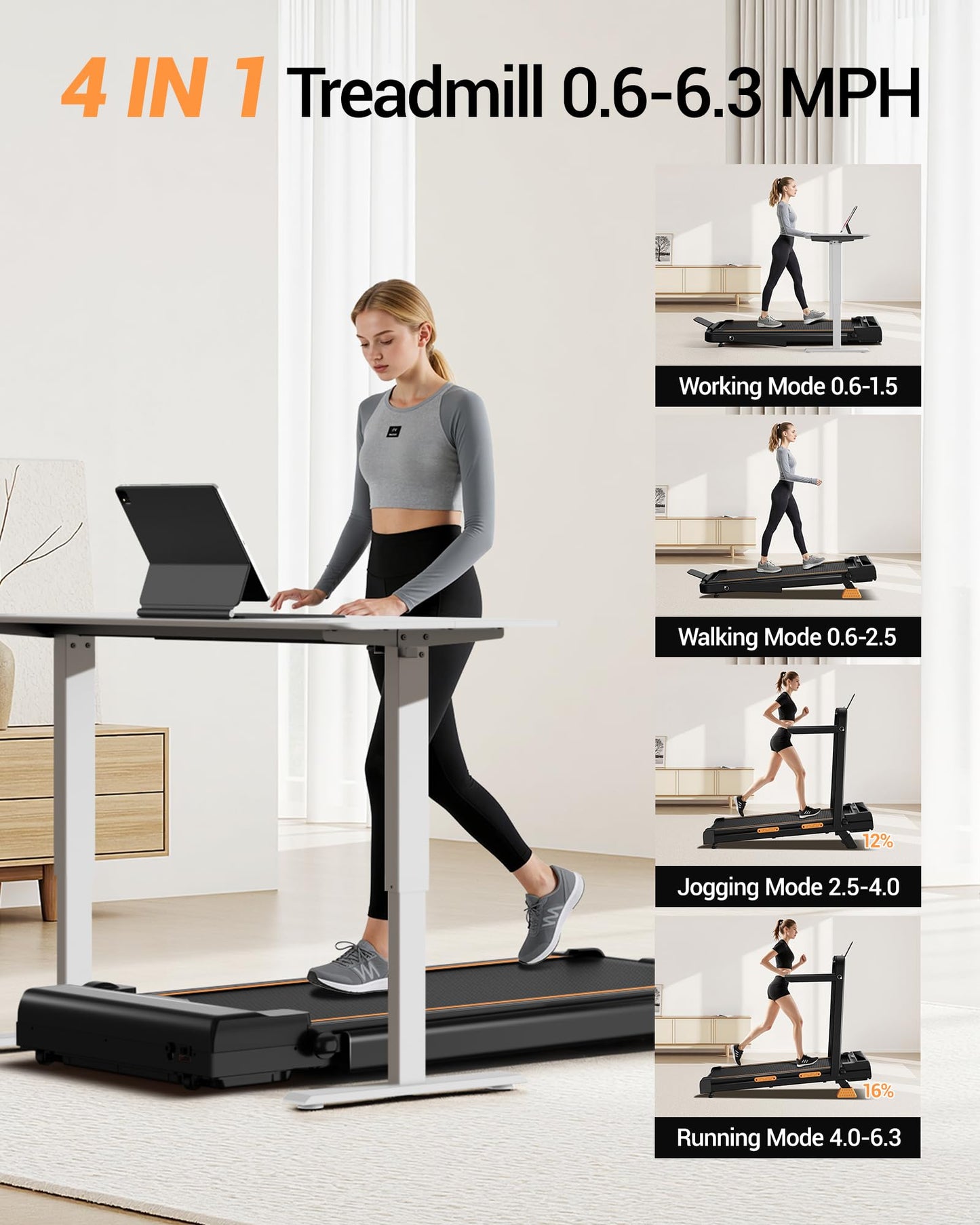 4-in-1 Foldable Walking Pad Treadmill with 16% Incline, 2.5HP Quiet Motor, Handles & 330 LB Capacity - Ideal for Home & Office Use
