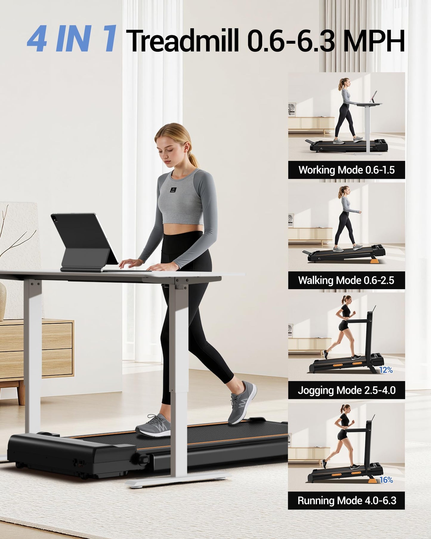 16% Incline Walking Pad Treadmill, 4-in-1 Foldable Under Desk Treadmill with Handles, 2.5 HP Quiet Motor, 330 LB Capacity