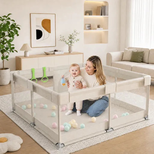 47x47inch Spacious Baby Playpen Playpen for Babies and Toddlers Play Yard for Apartment Indoor Extra Large Baby Activity Center Beige