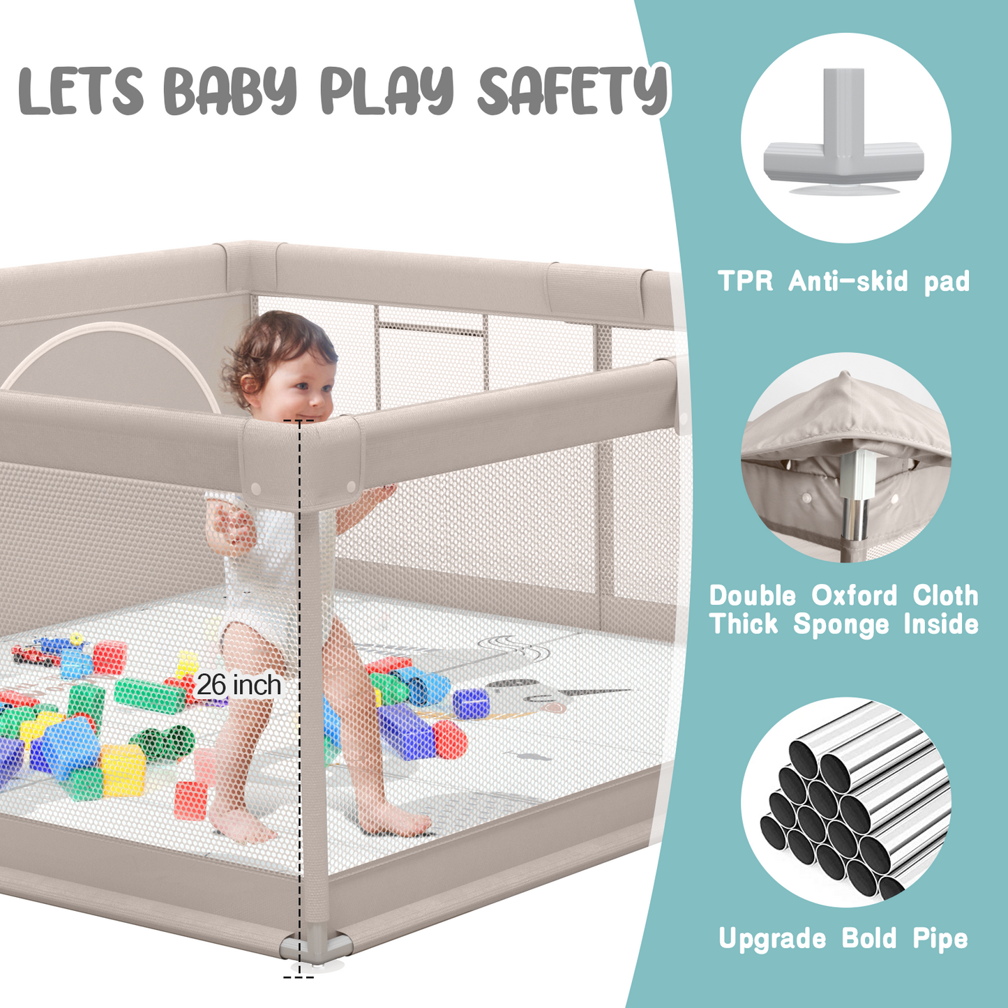 47x47inch Unicorn Baby Playpen with Mat Play Yard for Babies and Toddlers Baby Playard Indoor Beige