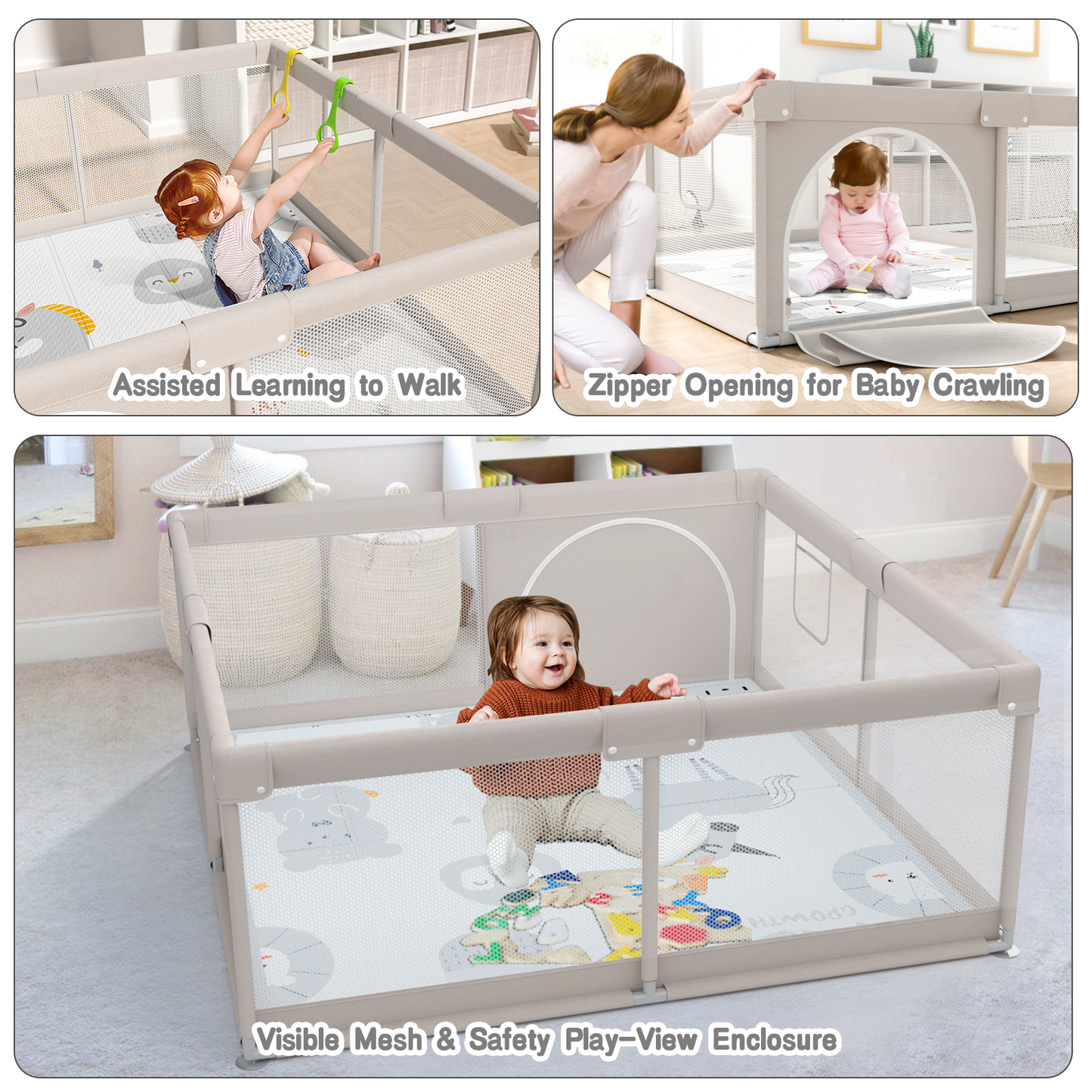 47x47inch Unicorn Baby Playpen with Mat Play Yard for Babies and Toddlers Baby Playard Indoor Beige