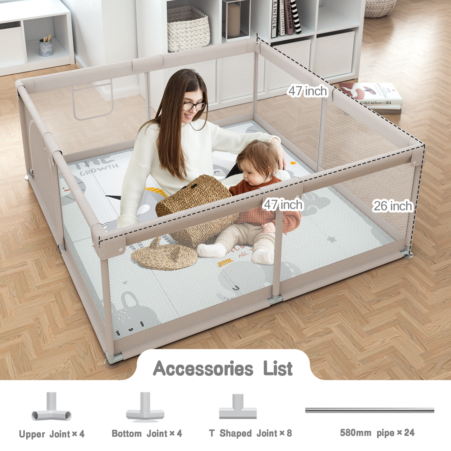 47x47inch Unicorn Baby Playpen with Mat Play Yard for Babies and Toddlers Baby Playard Indoor Beige
