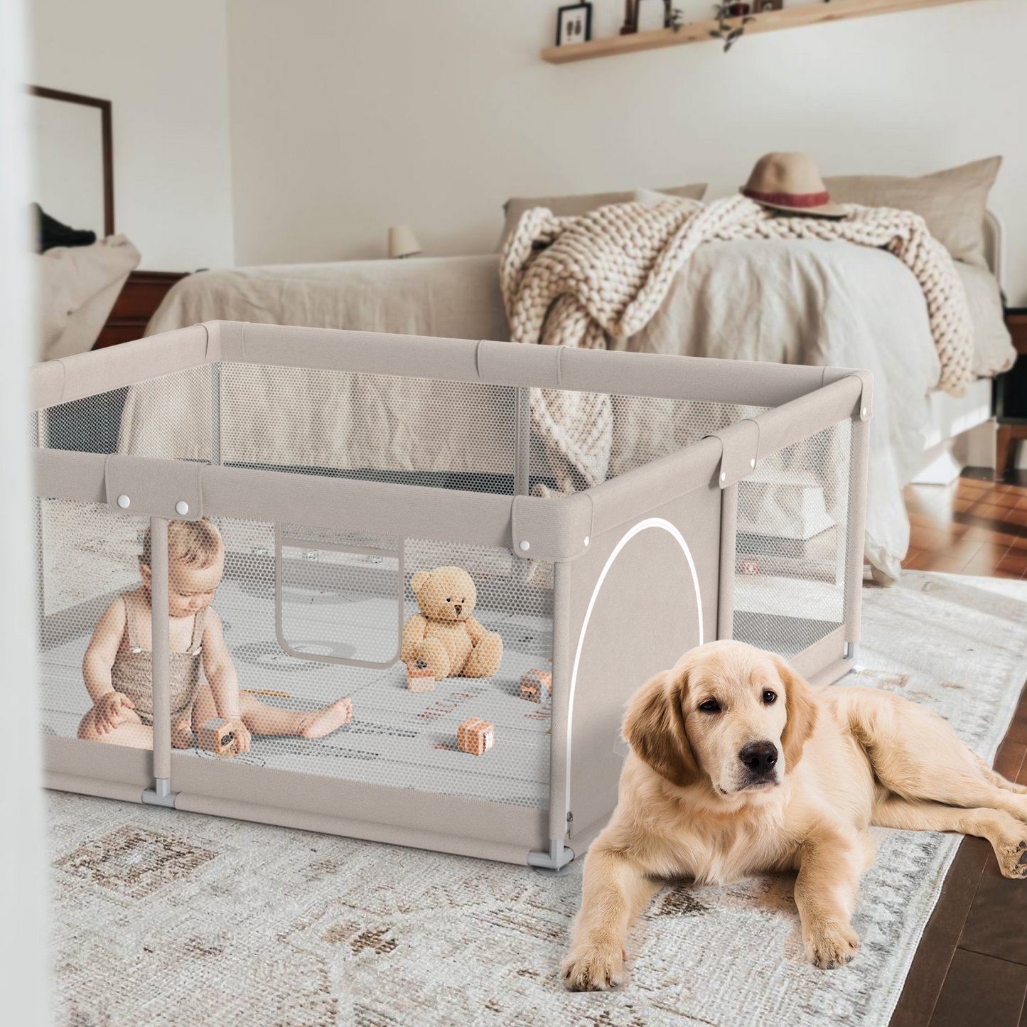 47x47inch Unicorn Baby Playpen with Mat Play Yard for Babies and Toddlers Baby Playard Indoor Beige