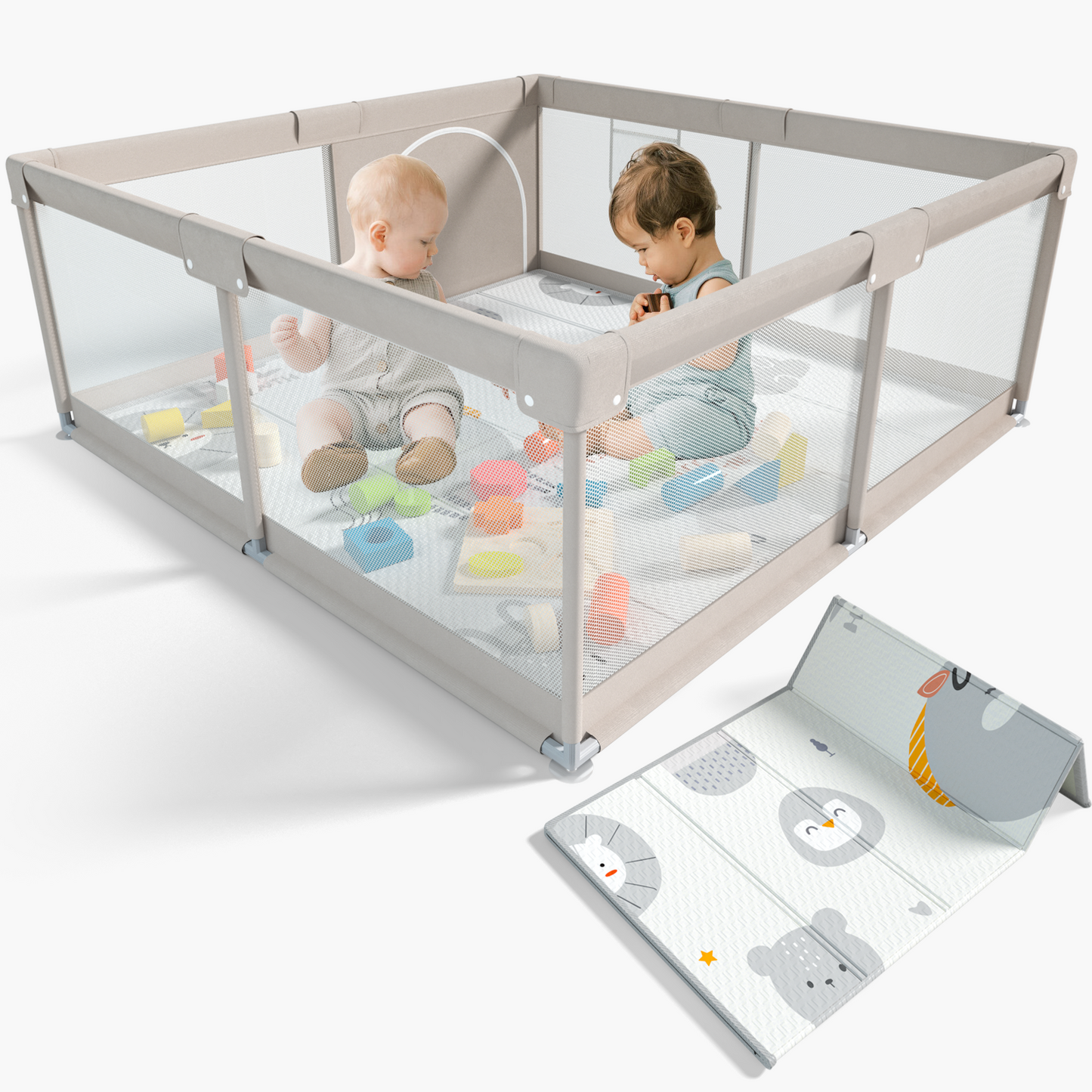 47x47inch Unicorn Baby Playpen with Mat Play Yard for Babies and Toddlers Baby Playard Indoor Beige